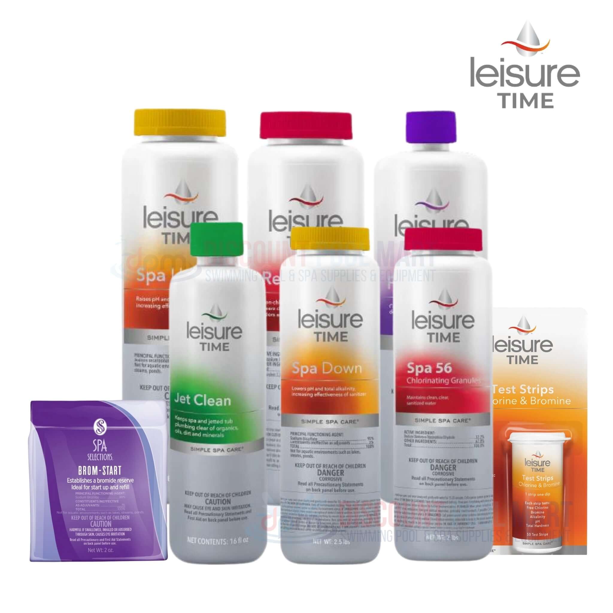 Leisure Time spa maintenance products with Spa Start, Jet Clean, Spa Down, and test strips from Discount Pool Mart DPM.