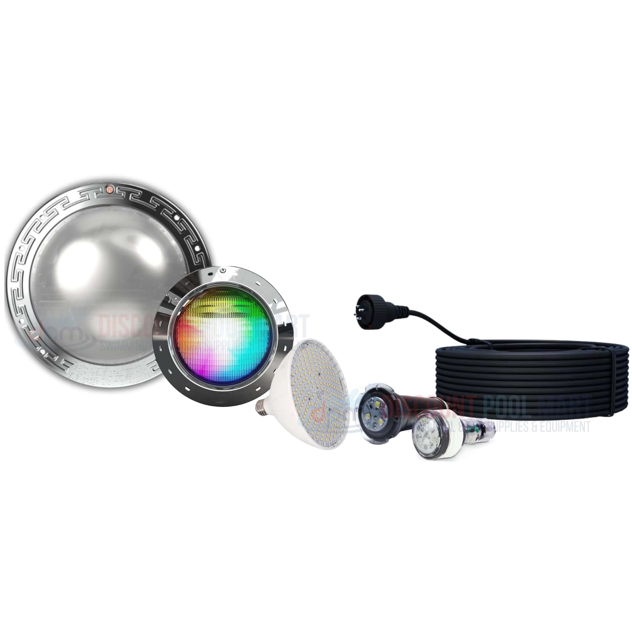 LED pool lighting collection featuring colorful underwater lights from Discount Pool Mart (DPM).