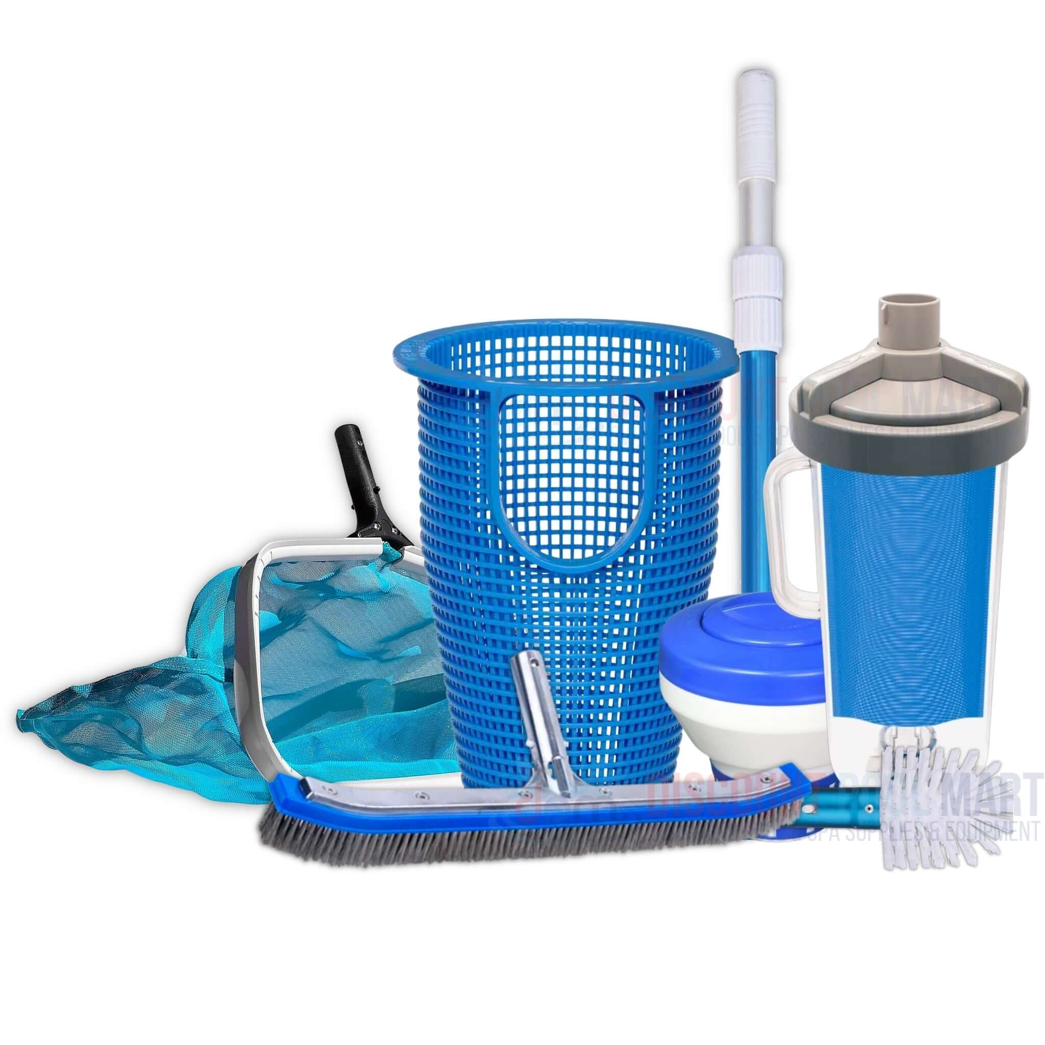 Maintenance collection of pool cleaning tools including net, vacuum, and brushes from Discount Pool Mart DPM.
