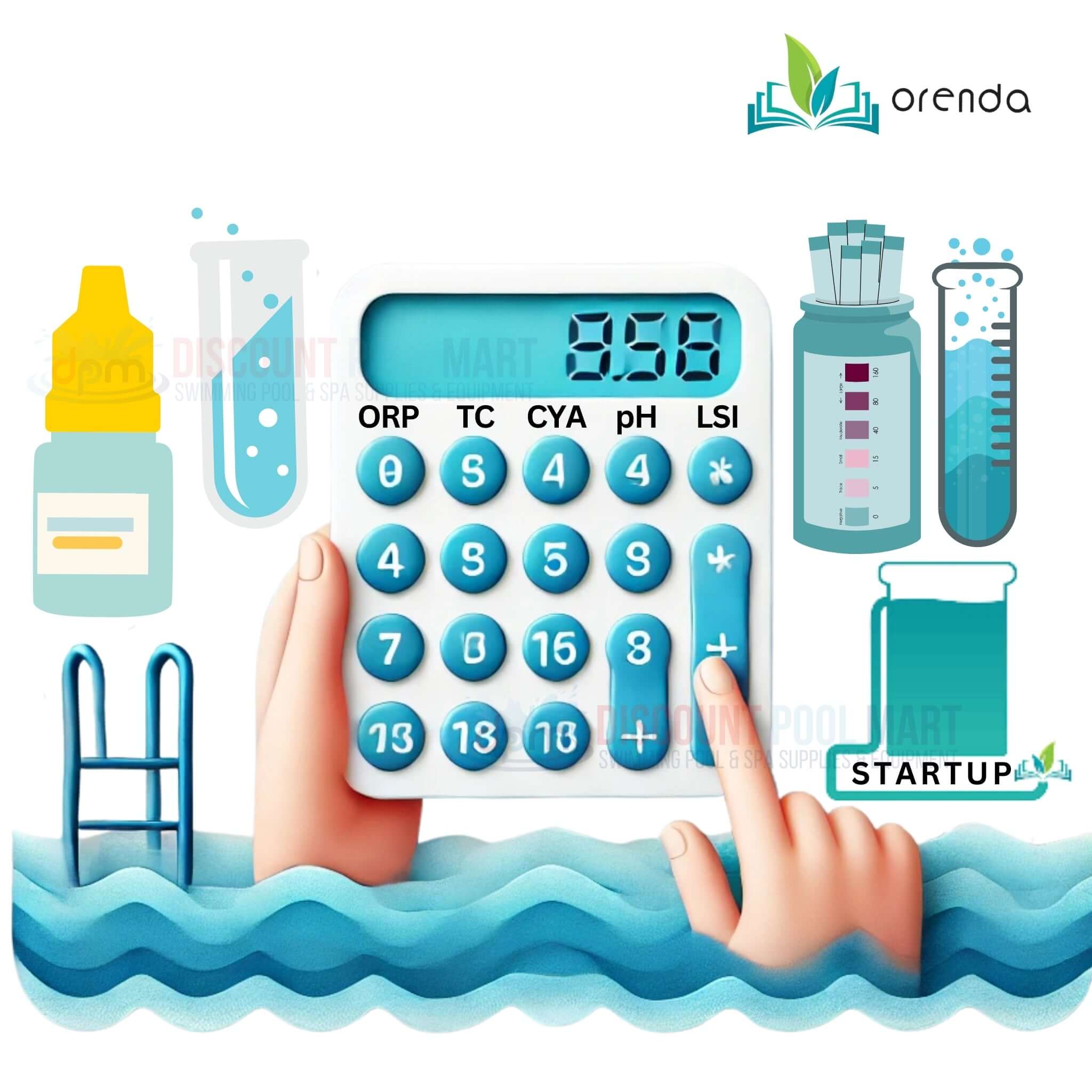 Orenda Calculator from Discount Pool Mart DPM with water, test kits, and chemical solutions for pool maintenance.