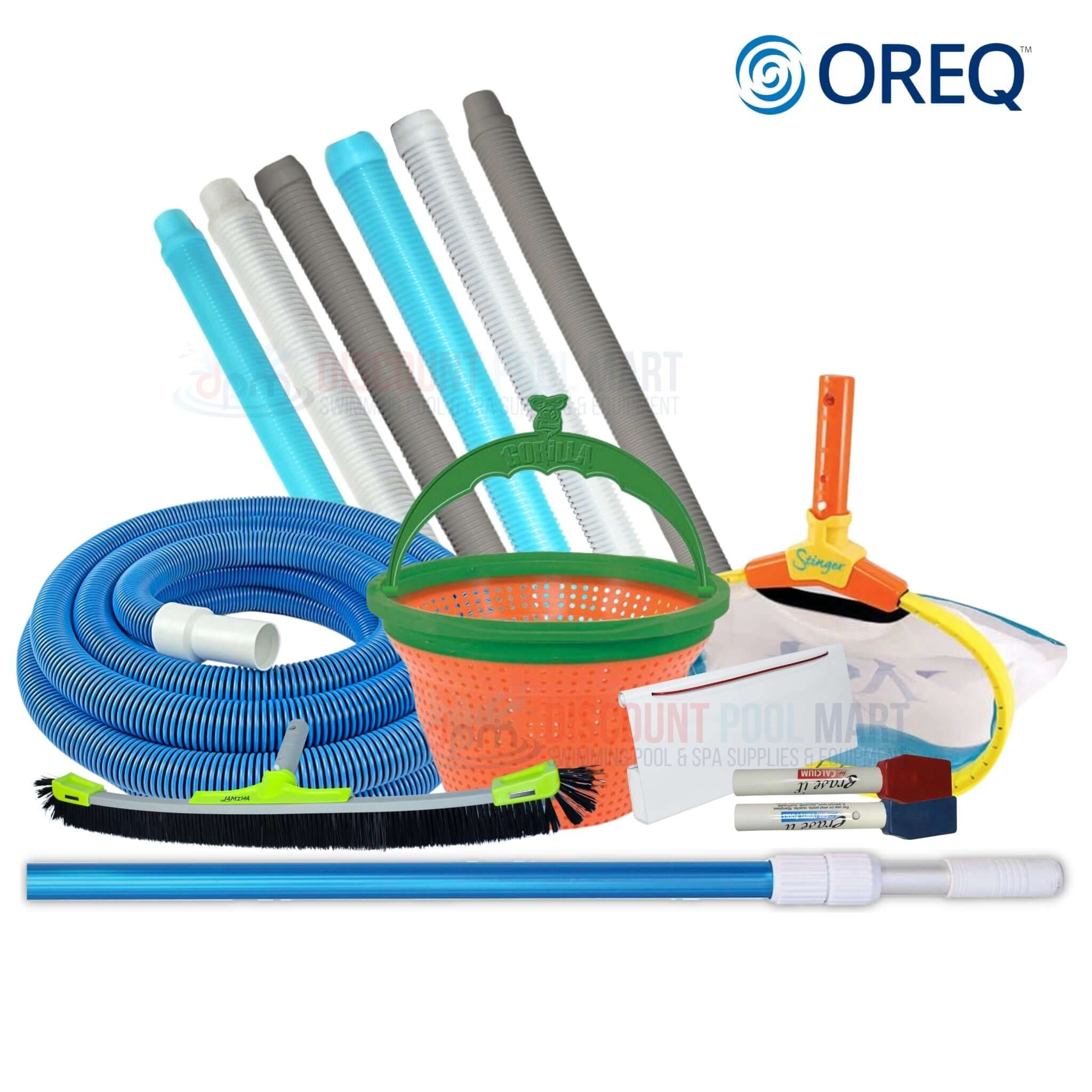 OREQ maintenance tools collection featuring hoses, brushes, and cleaning supplies from Discount Pool Mart (DPM).