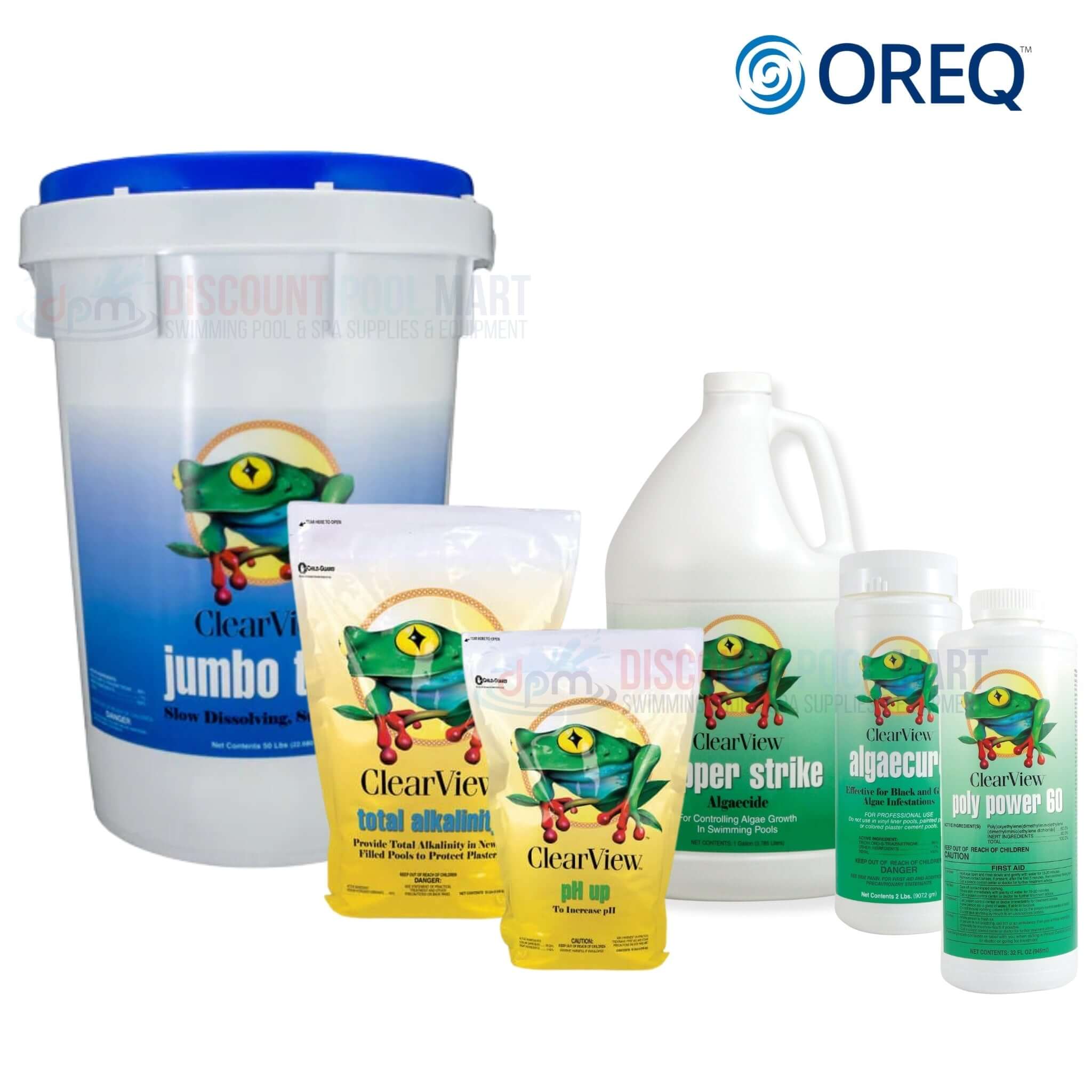 Oreq ClearView Chemicals collection featuring jumbo tub and bottles, available at Discount Pool Mart (DPM).