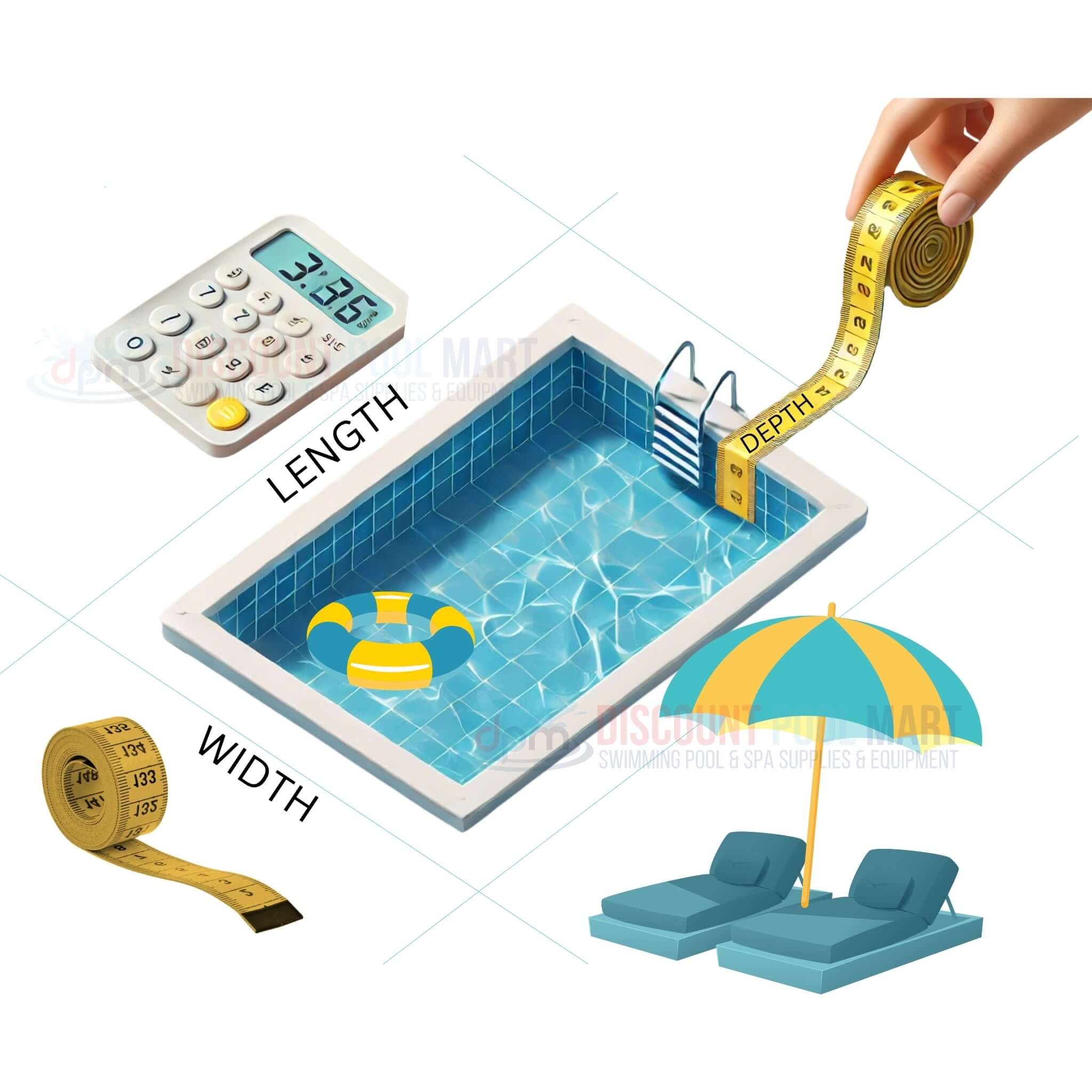 Pool Volume Calculator by Discount Pool Mart (DPM) showing measurements: length, width, and depth for accurate calculation.