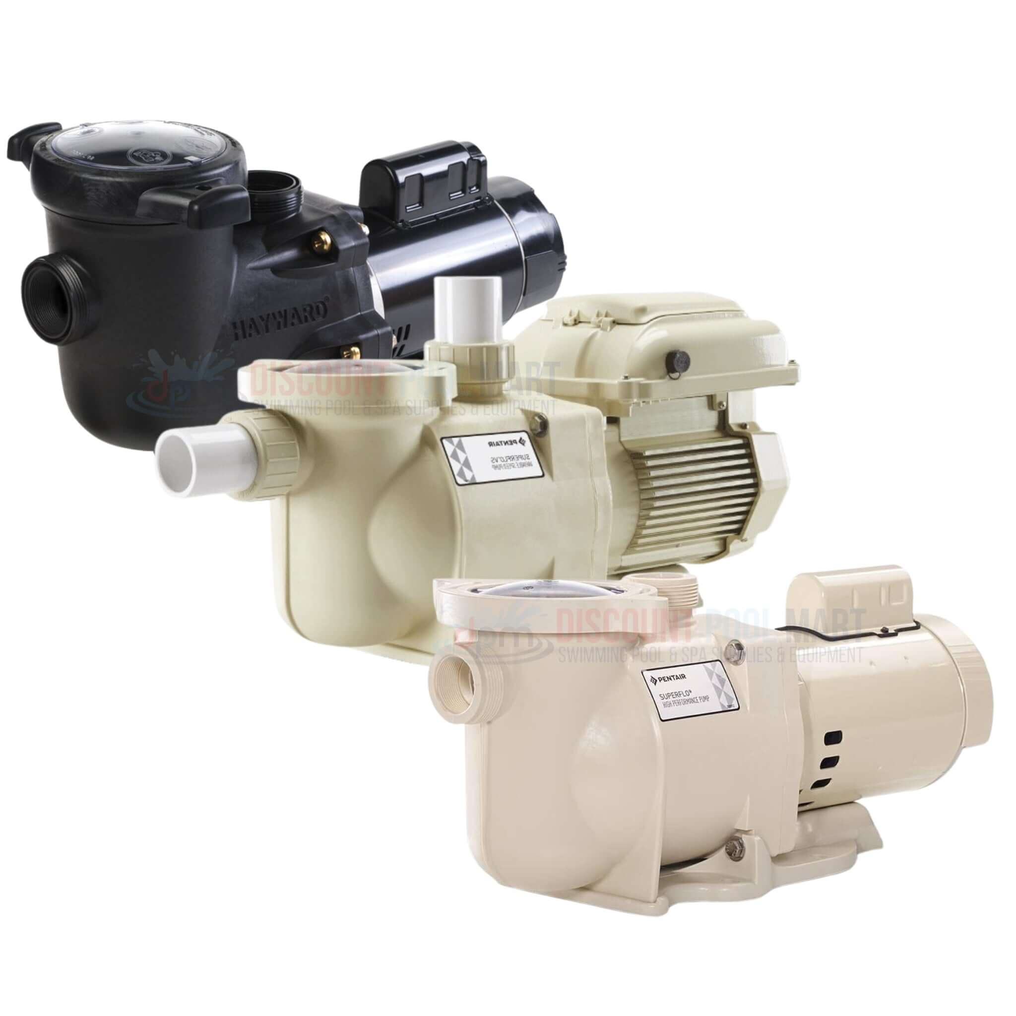Variety of pool pumps from Discount Pool Mart DPM, showcasing different models and designs for optimal pool performance.