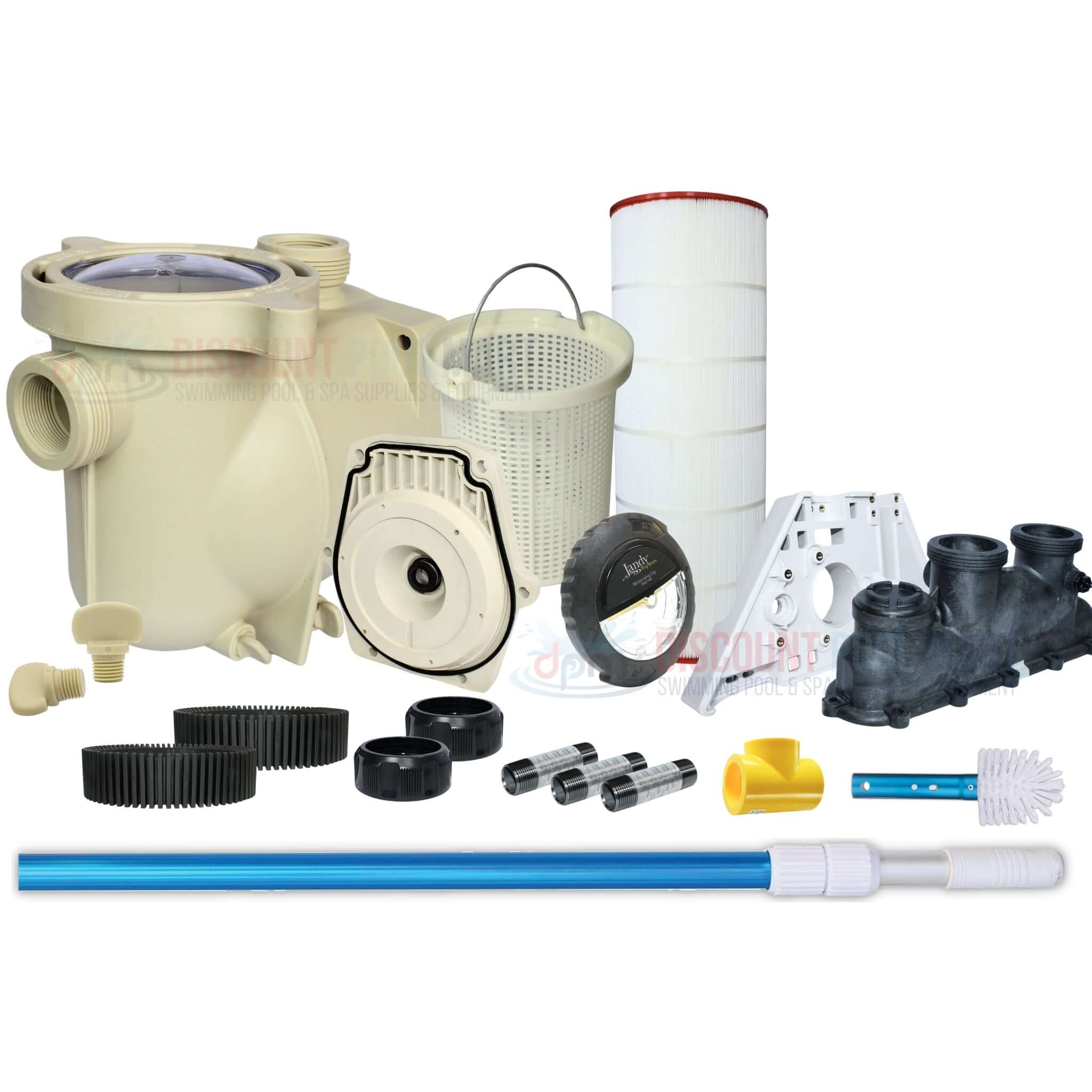 Parts for pool maintenance from Discount Pool Mart DPM, including filters, skimmers, and cleaning tools.