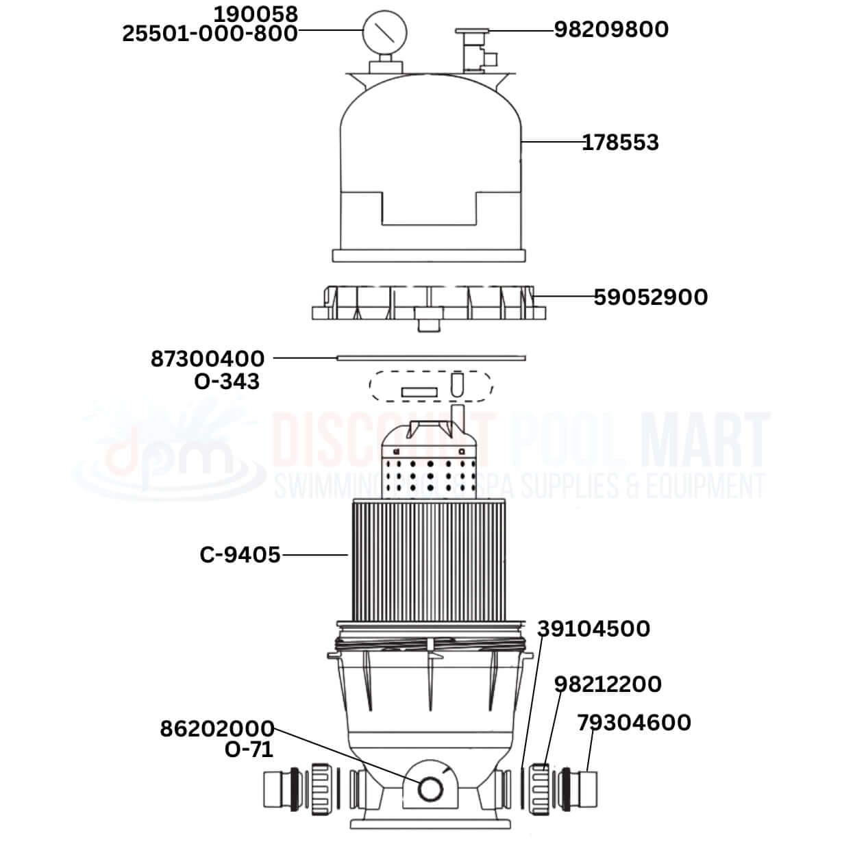 Pentair Clean & Clear Cartridge 160314 filter parts diagram. Replacement parts by Discount Pool Mart DPM for pool filtration.