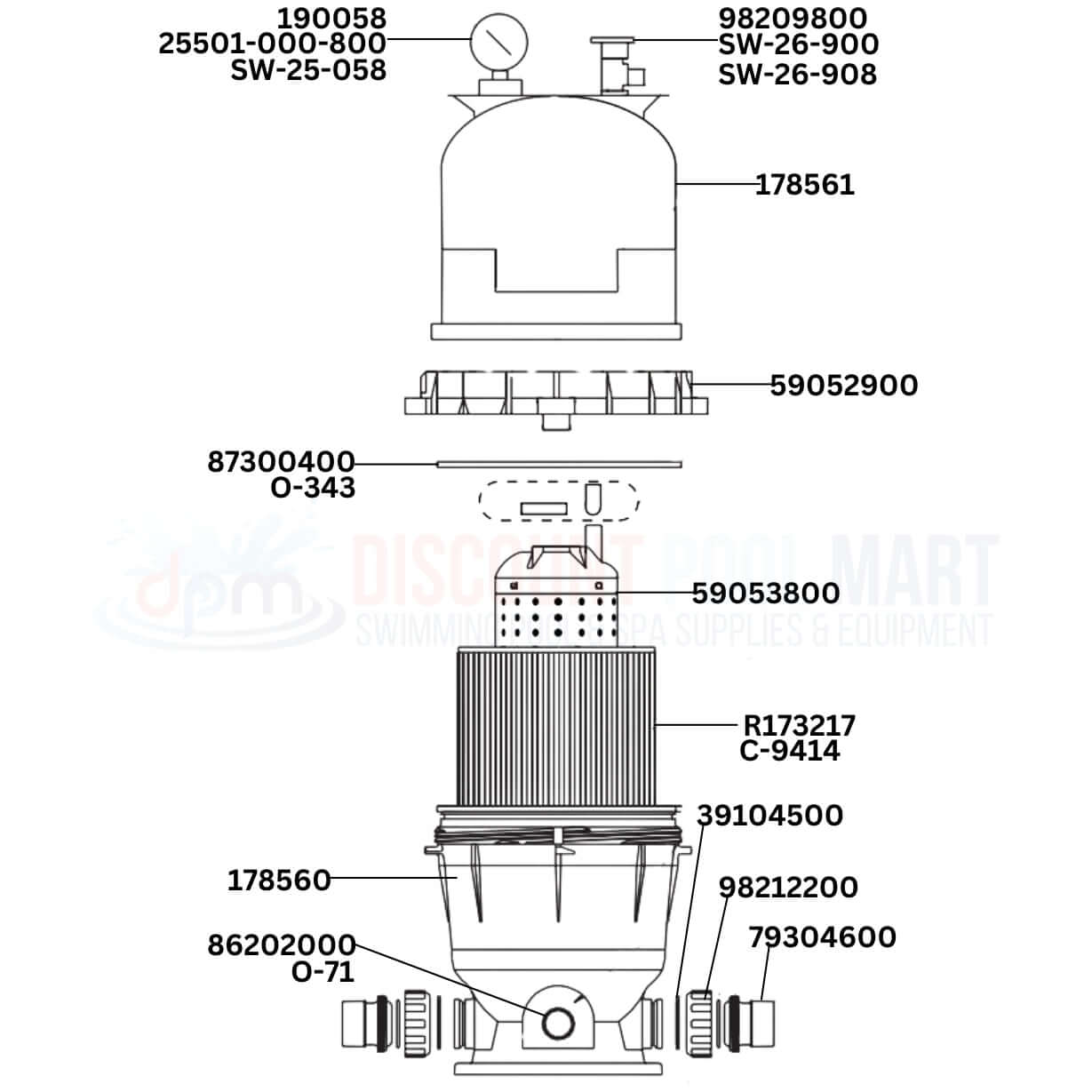 Pentair Clean & Clear Cartridge 160318 filter replacement parts diagram, Discount Pool Mart DPM, pool filtration systems components.