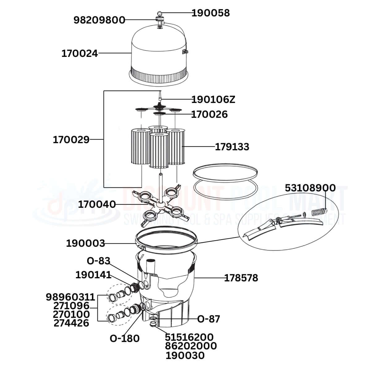 Pentair Clean & Clear Plus Cartridge 160310 filter parts diagram, including components from Discount Pool Mart DPM.