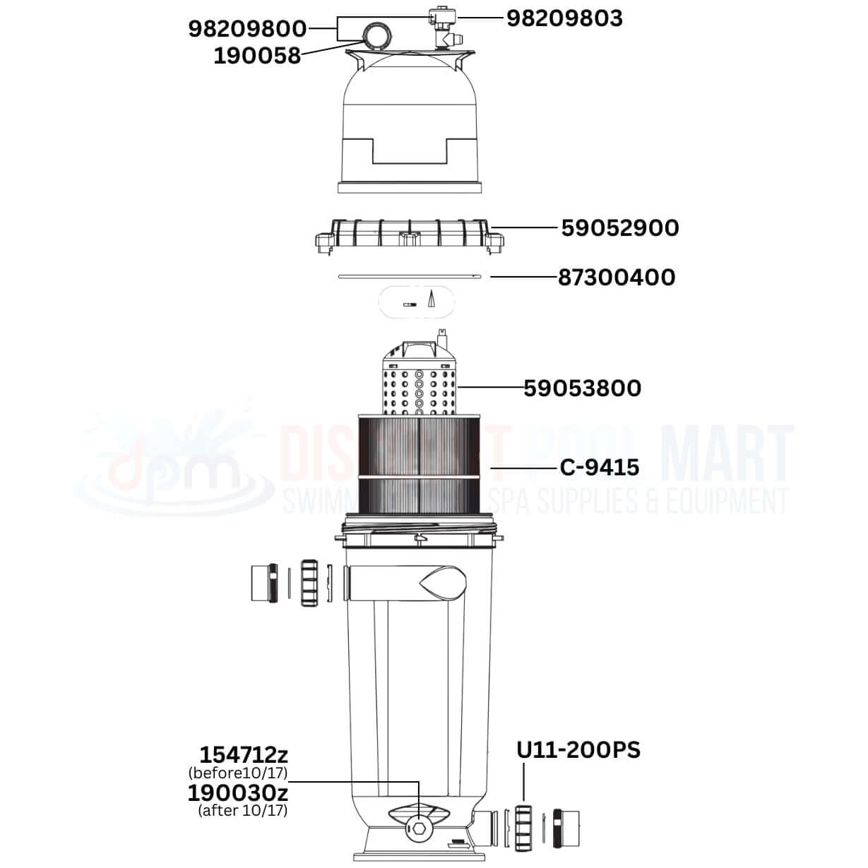 Pentair Clean & Clear RP Cartridge 160355 parts diagram with DPM logo, showing filter replacement components and part numbers.