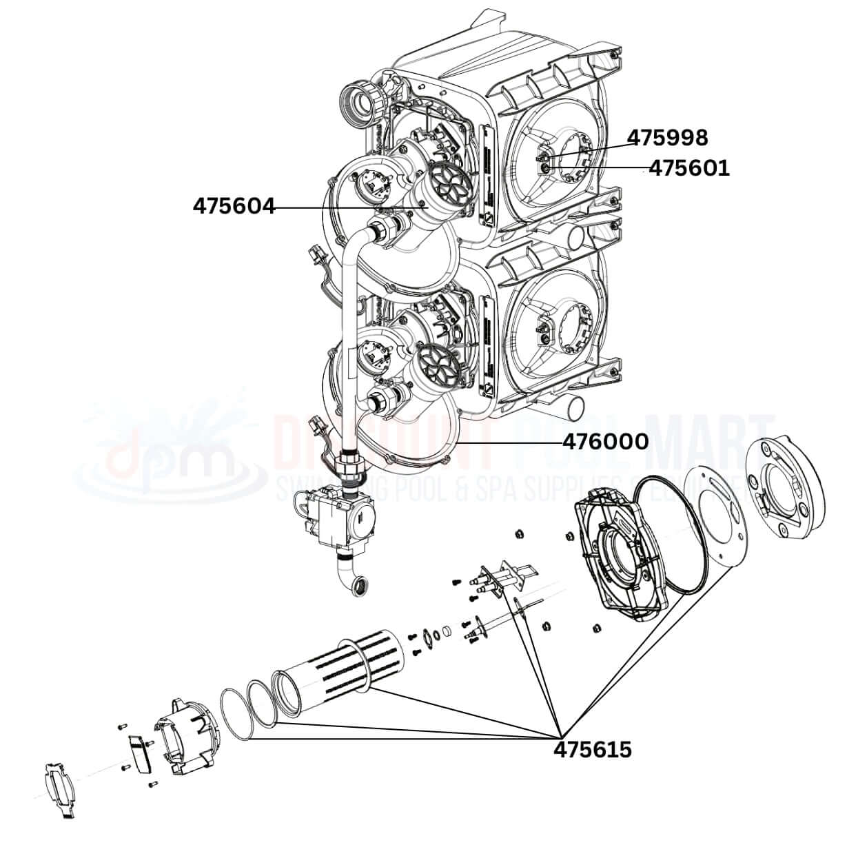 Pentair ETi 400 Heater replacement parts diagram from Discount Pool Mart DPM, showing fan control, switches, and more.