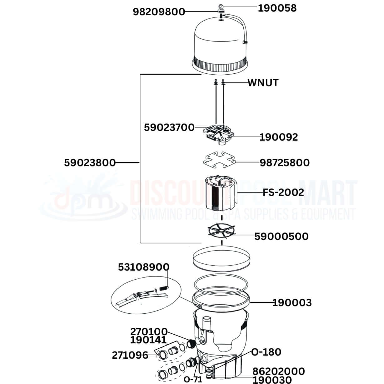 Pentair FNS Plus DE 180006 filter replacement parts diagram from Discount Pool Mart DPM, showing essential components.