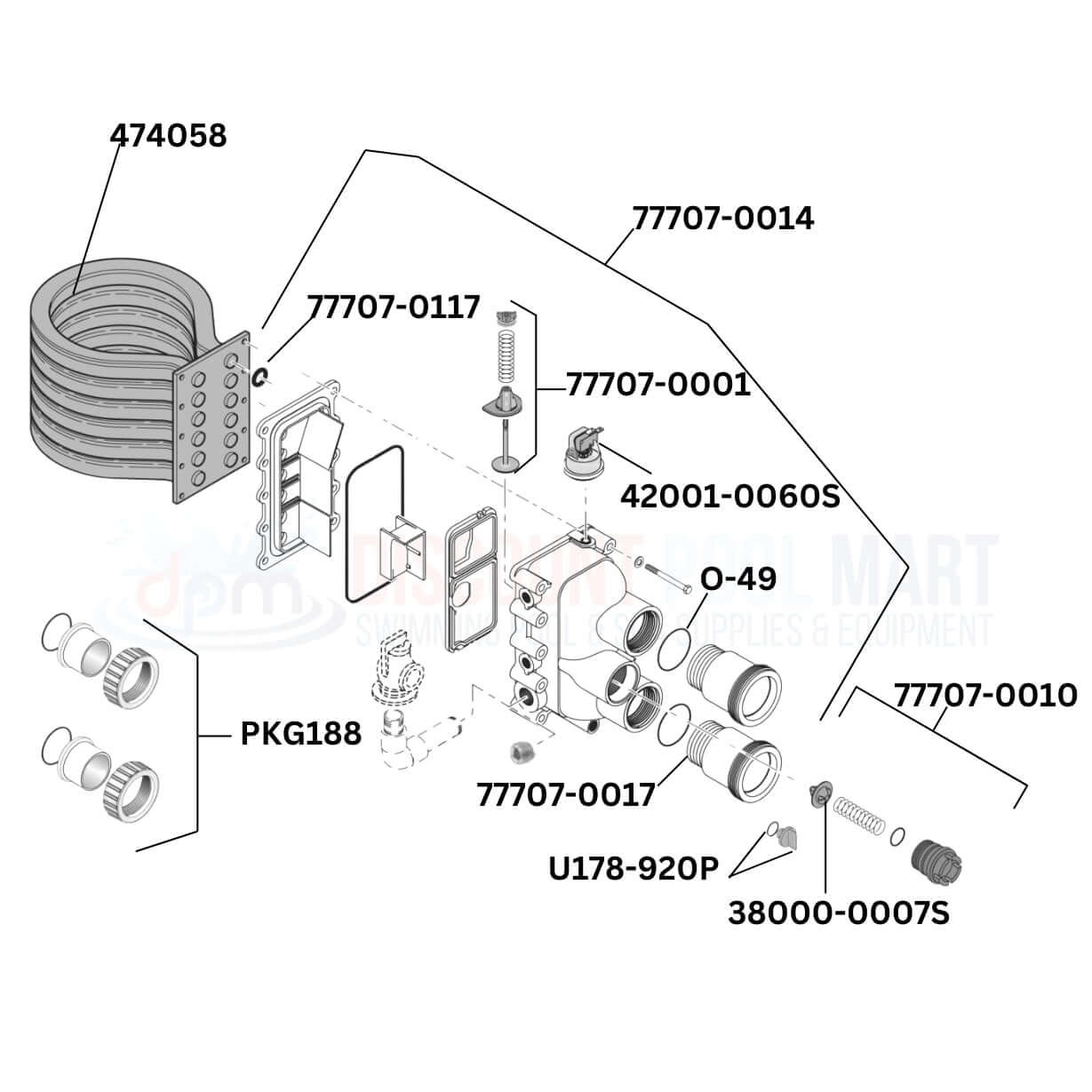 Pentair MasterTemp 460730 Heater replacement parts diagram, including components like sealing O-rings and pressure switches from Discount Pool Mart DPM.