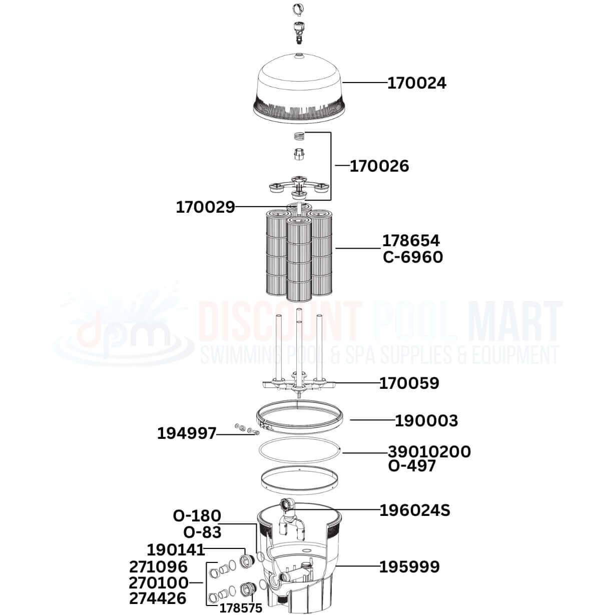 Pentair Quad DE Cartridge 188592 filter replacement parts diagram from Discount Pool Mart DPM for pool maintenance.