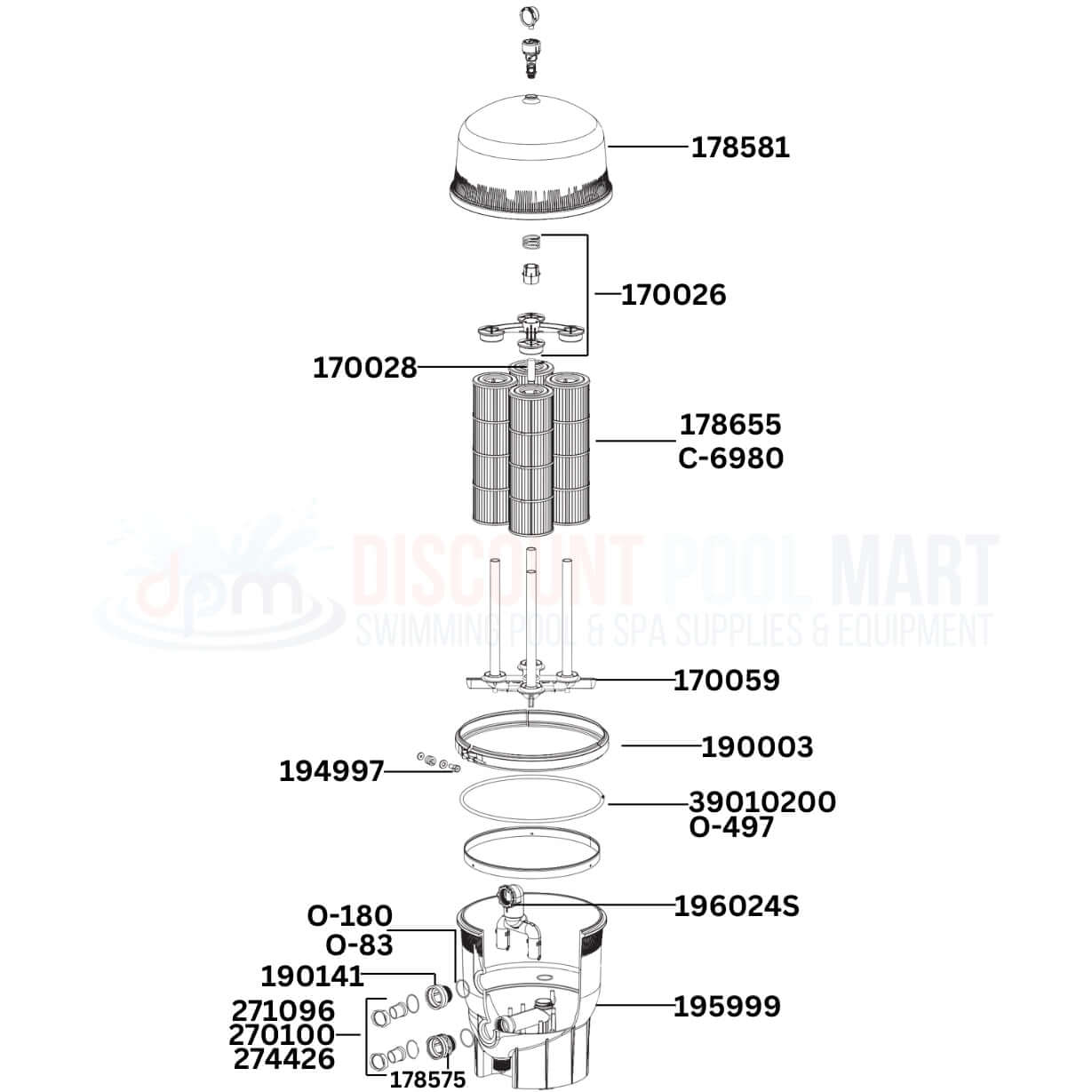 Pentair Quad DE Cartridge 188593 Filter parts diagram from Discount Pool Mart DPM, detailing essential replacement components.