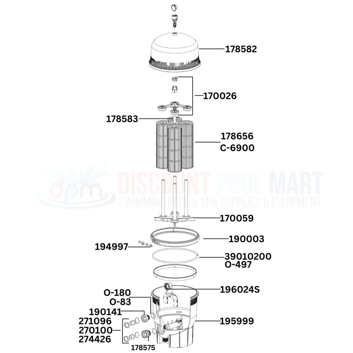 Pentair Quad DE Cartridge 188594 Filter Replacement Parts Diagram from Discount Pool Mart DPM for pool maintenance.