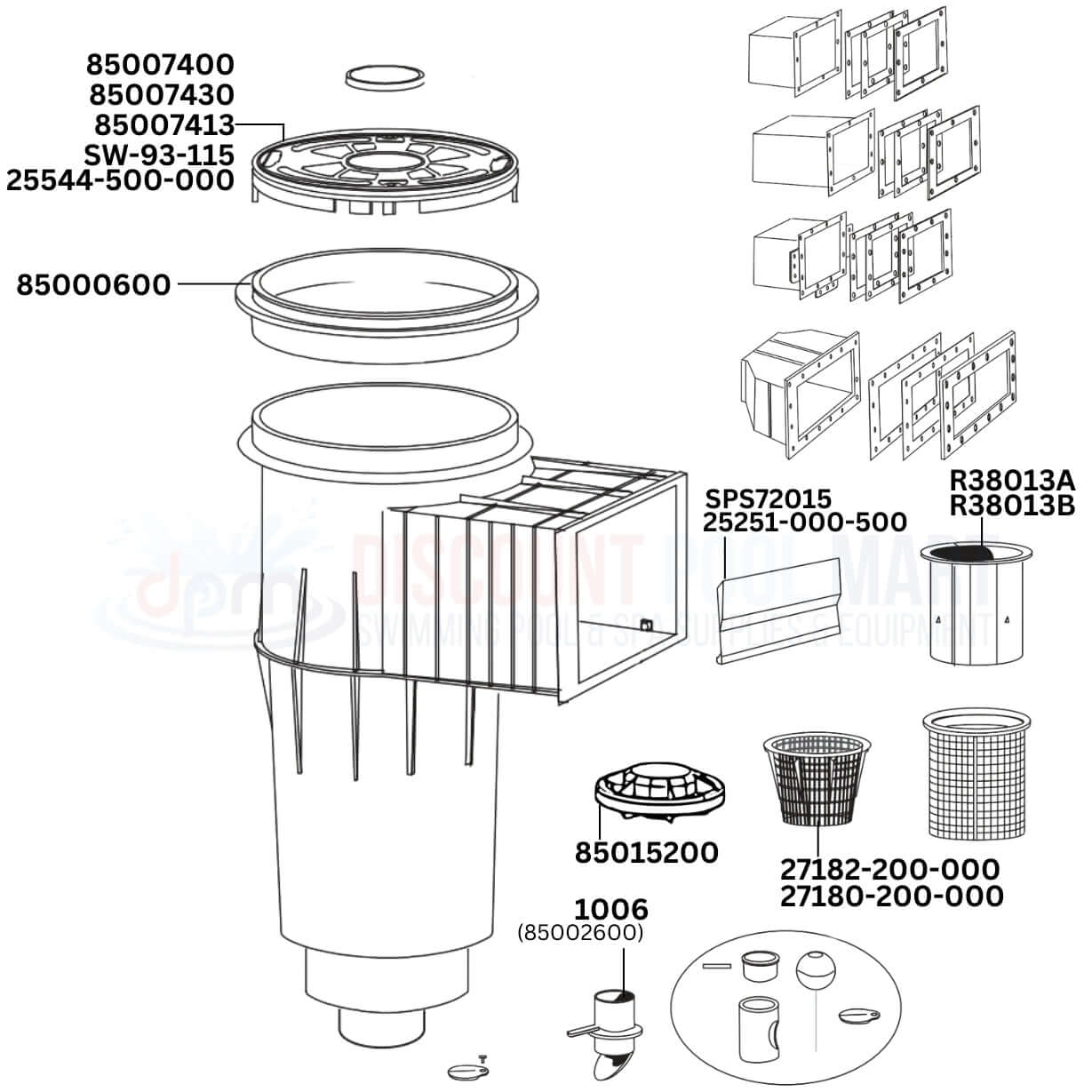 Pentair S15 and S20 Admiral Skimmer Parts Diagram with replacement components from Discount Pool Mart DPM, ideal for efficient pool maintenance.