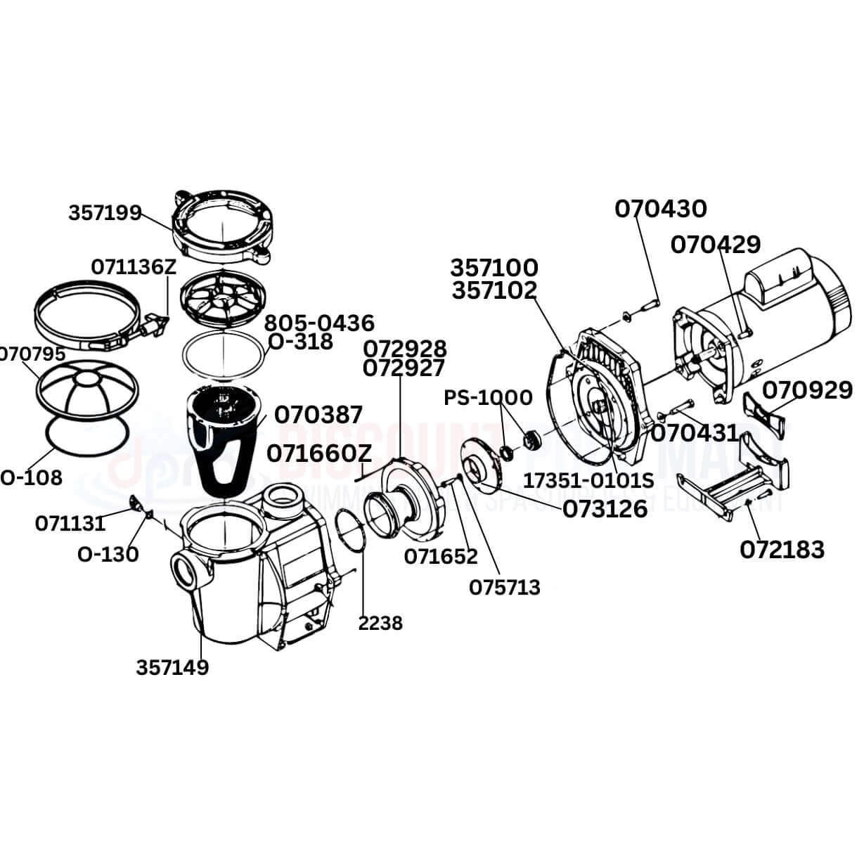 Pentair WhisperFlo Pump replacement parts diagram with components labeled for easy identification at Discount Pool Mart DPM.