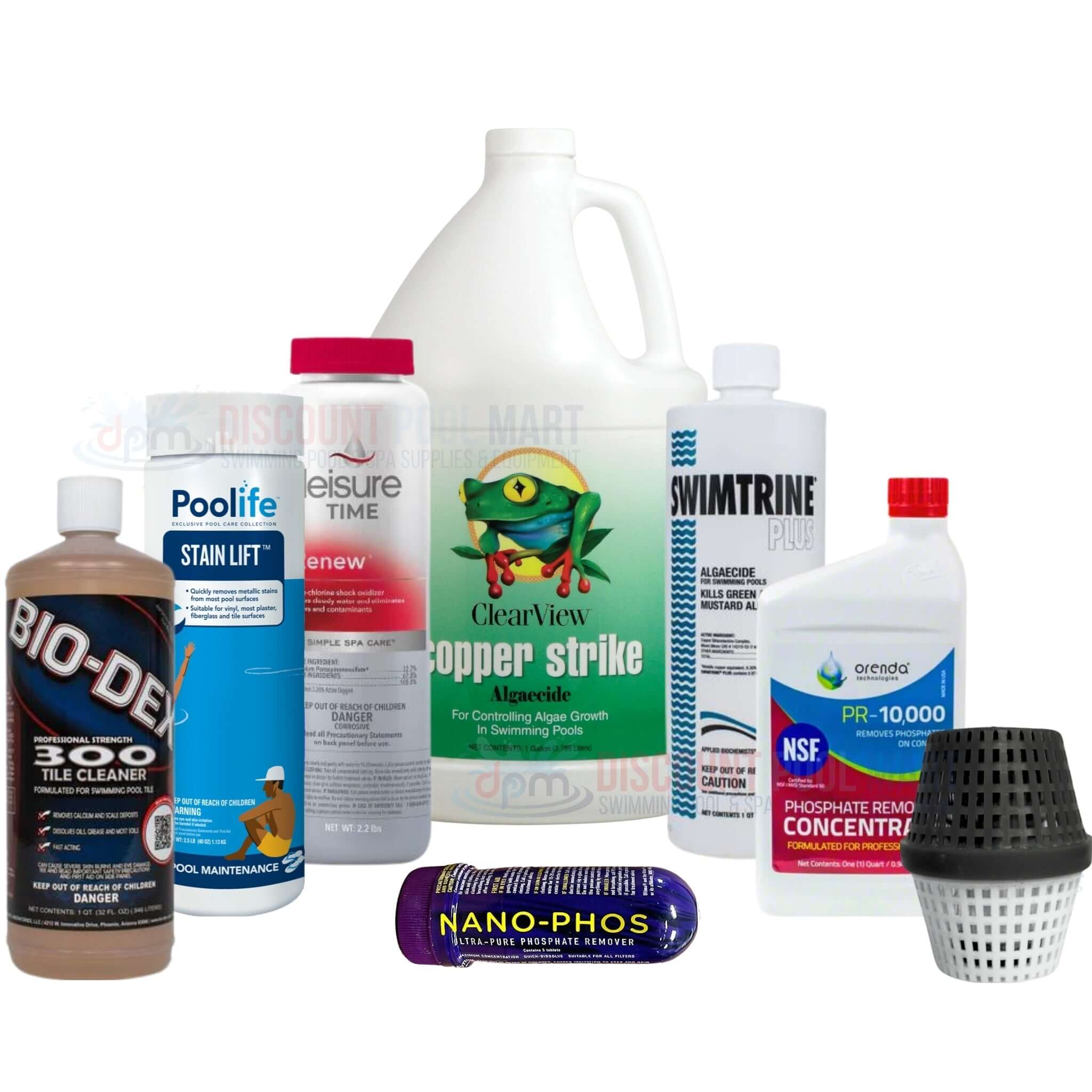 Collection of phosphate and stain removers from Discount Pool Mart DPM including various cleaners and treatments.