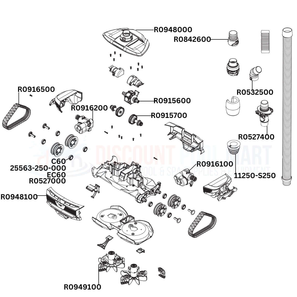 Diagram of Polaris Atlas Cleaner replacement parts including R0948000 and R0916500 from Discount Pool Mart DPM.