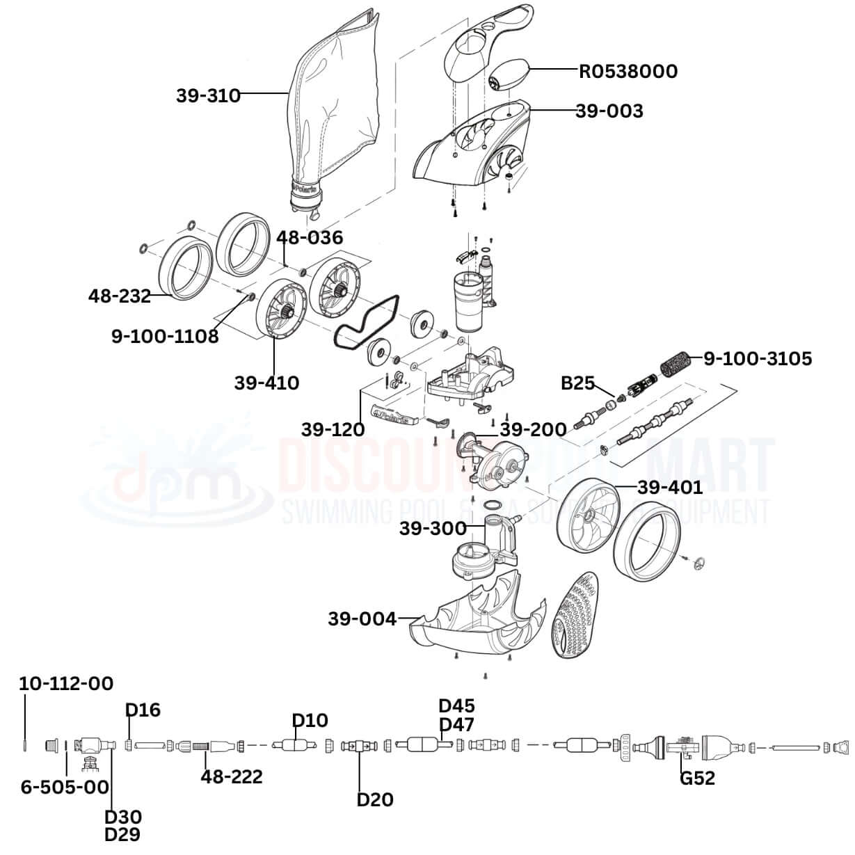 Polaris P39 Cleaner replacement parts diagram from Discount Pool Mart DPM, featuring key components for efficient cleaning.