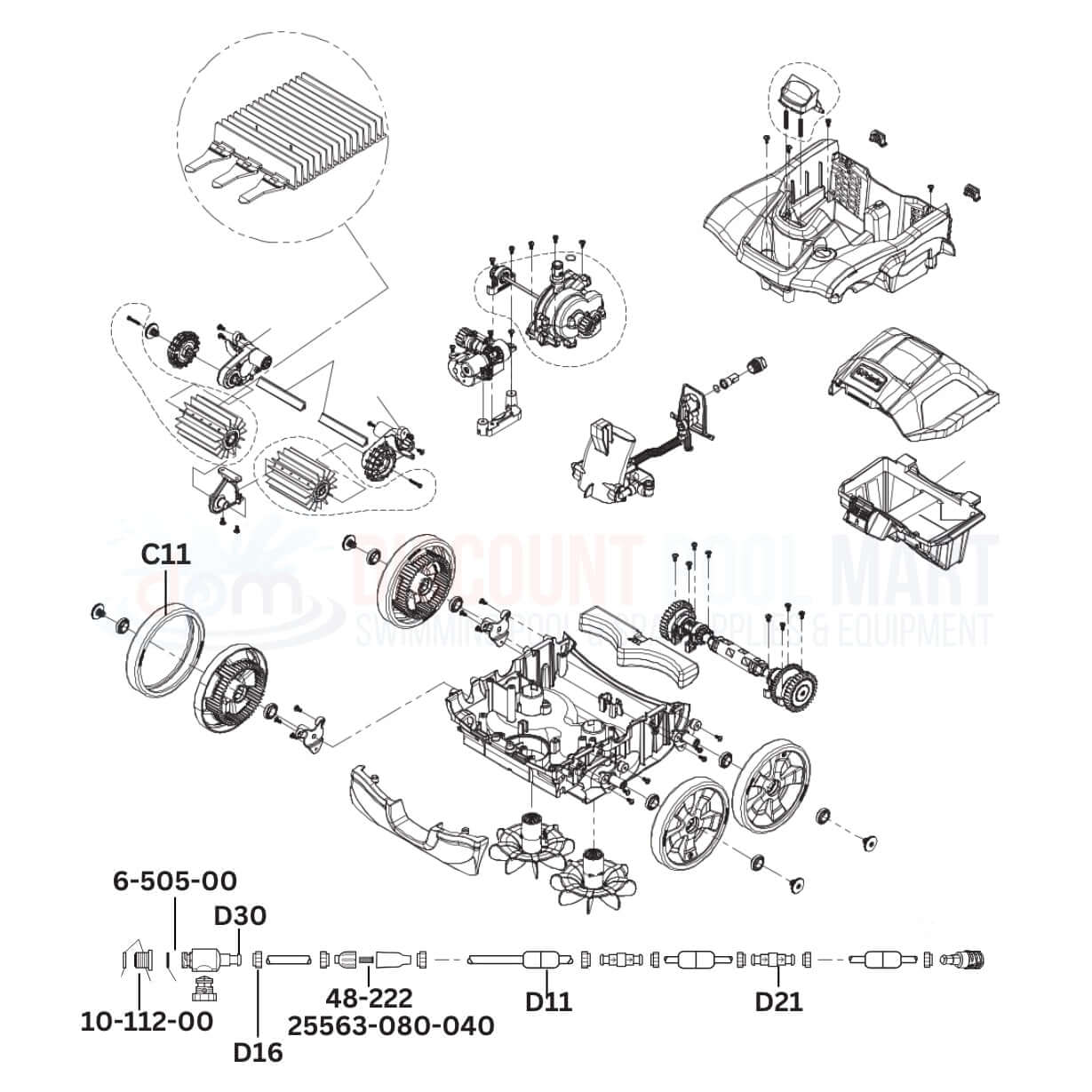 Polaris Q4000 Cleaner Replacement Parts Diagram from Discount Pool Mart DPM, featuring wheels, belts, and filters.