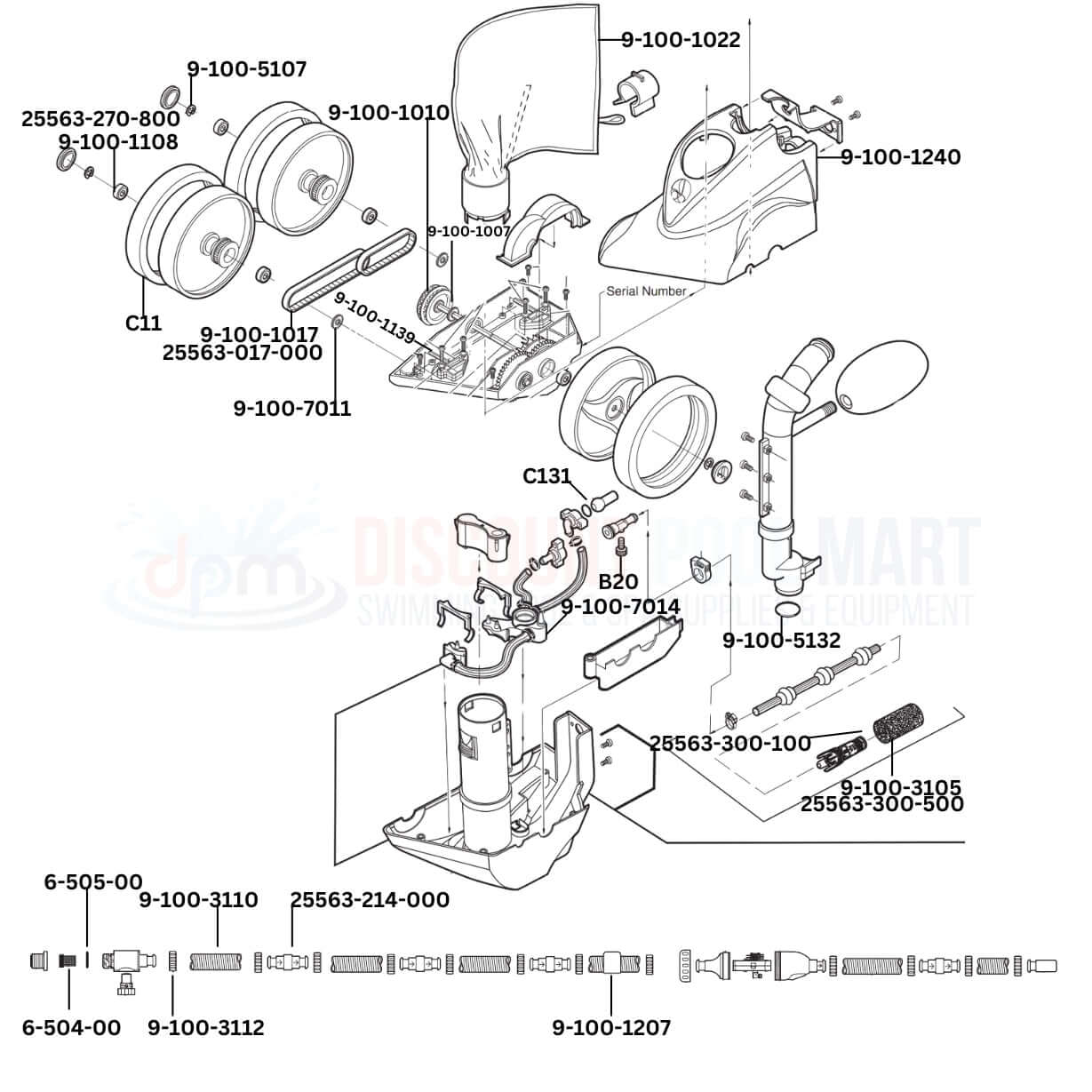 Polaris TR36P Cleaner replacement parts diagram including wheels, hoses, and scrubbers from Discount Pool Mart DPM.