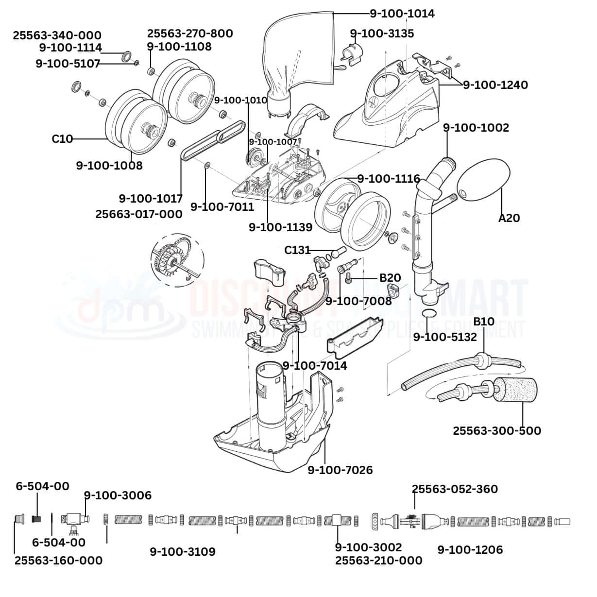 Polaris Vac-Sweep 360 Cleaner Replacement Parts Diagram from Discount Pool Mart DPM, featuring essential components.