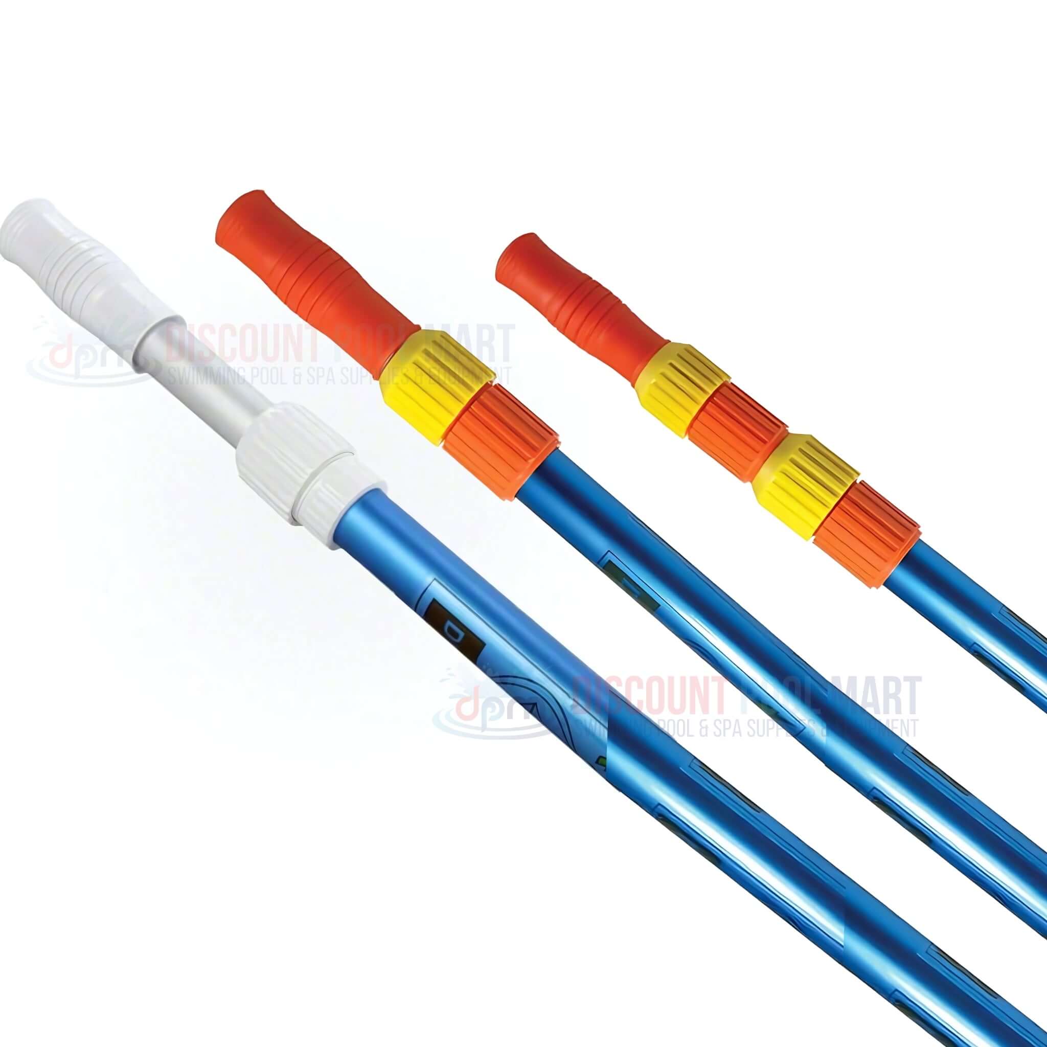 Three colorful pool poles from Discount Pool Mart (DPM) designed for easy cleaning and maintenance of swimming pools.