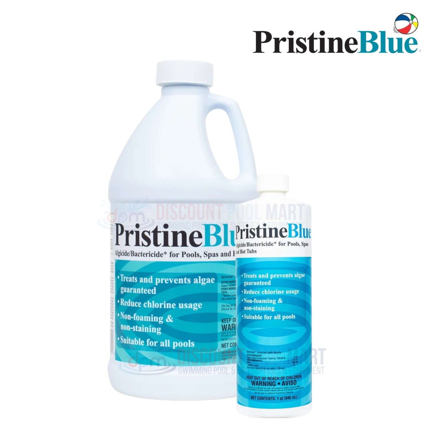 PristineBlue pool treatment from Discount Pool Mart (DPM) for algae prevention, non-staining, suitable for all pools.