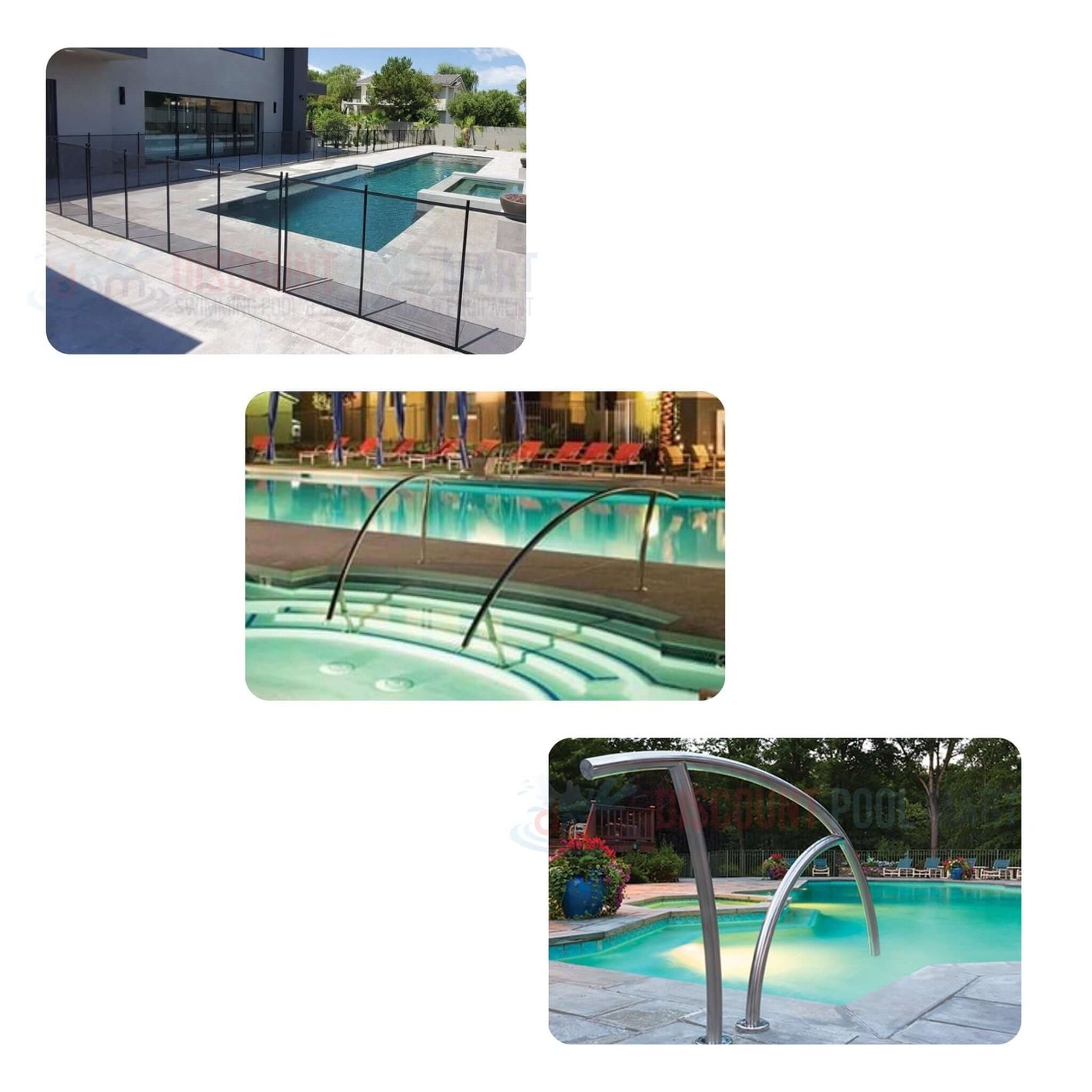 Rails and fences around luxurious pools showcasing safety solutions from Discount Pool Mart DPM.