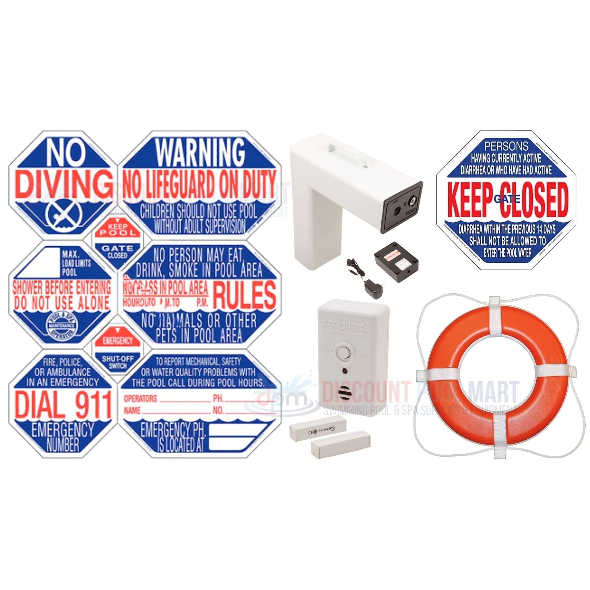 Safety signs and equipment from Discount Pool Mart (DPM) for pool area safety and regulations.