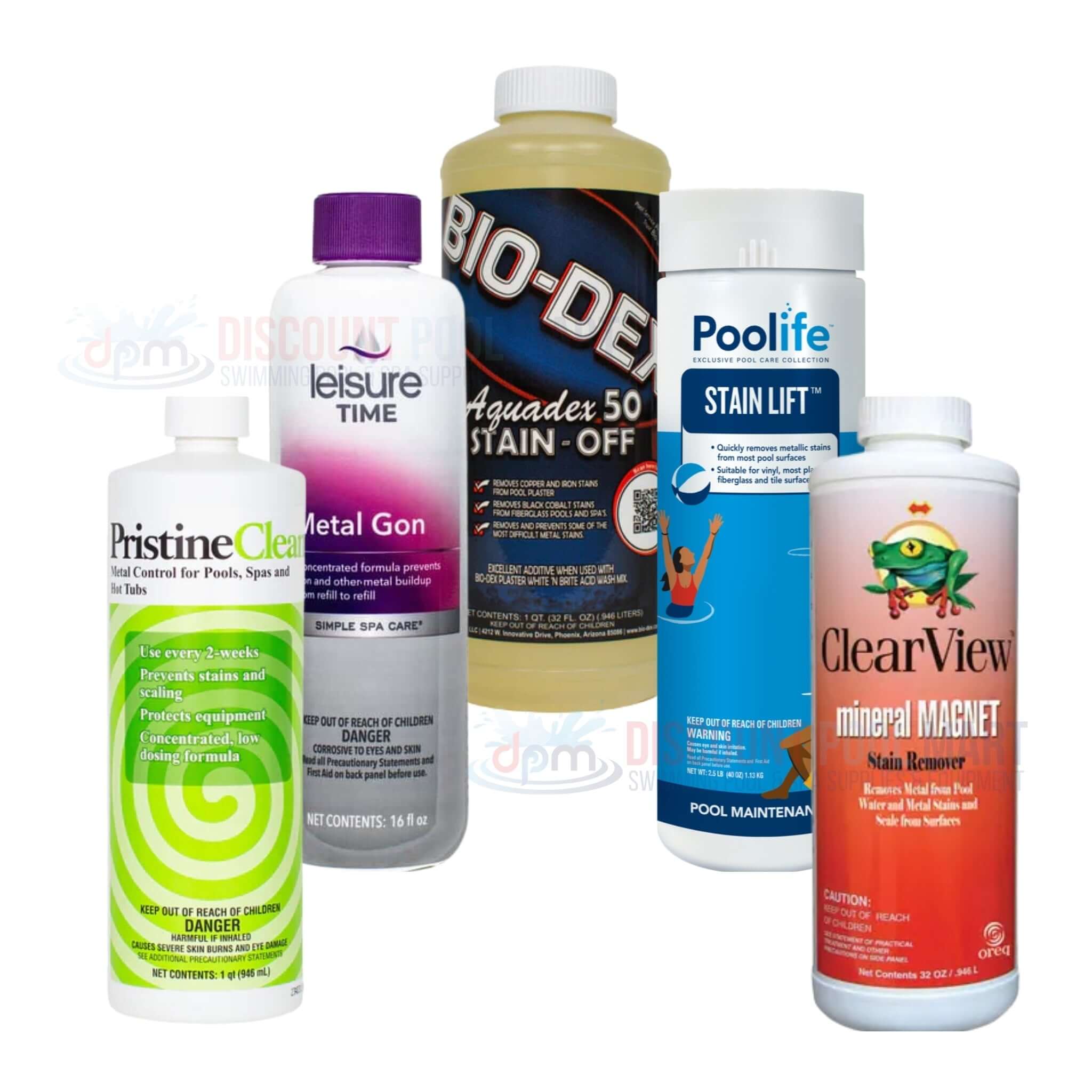 Collection of stain and scale removers from Discount Pool Mart DPM including Bio-Dex, Poolife, and more.