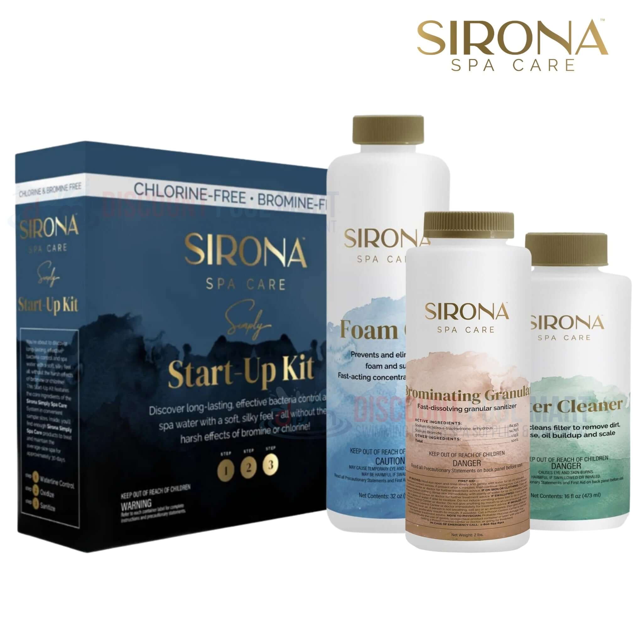 Sirona Spa Care Start-Up Kit from Discount Pool Mart DPM, includes foam, granules, and cleaner for chlorine-free water.