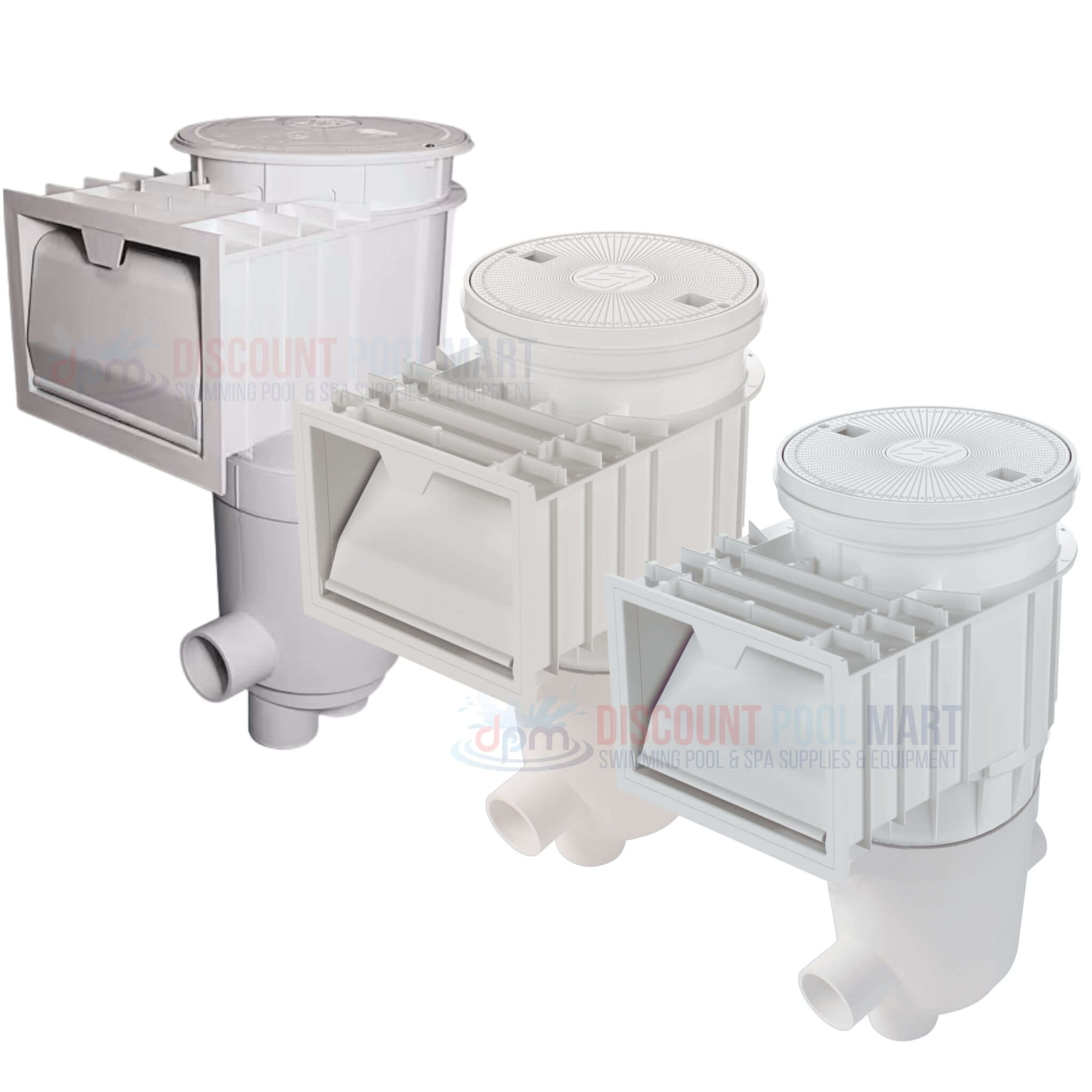 Three skimmers in white from Discount Pool Mart DPM, ideal for pool maintenance and efficiency.