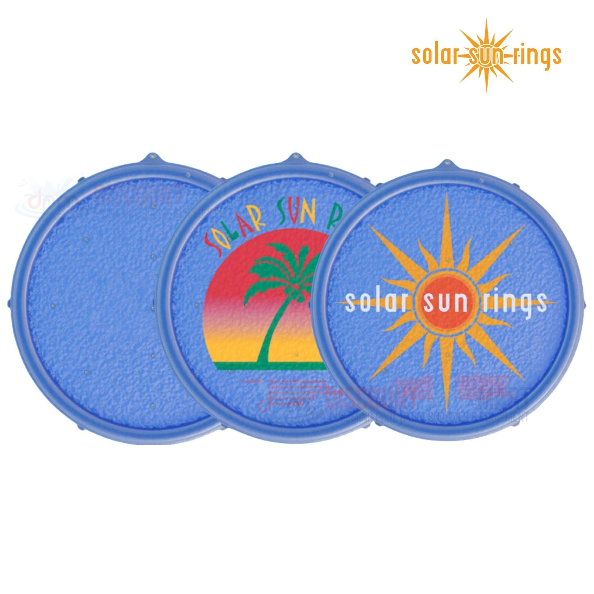 Collection of Solar Sun Rings from Discount Pool Mart (DPM) featuring vibrant designs and colors.