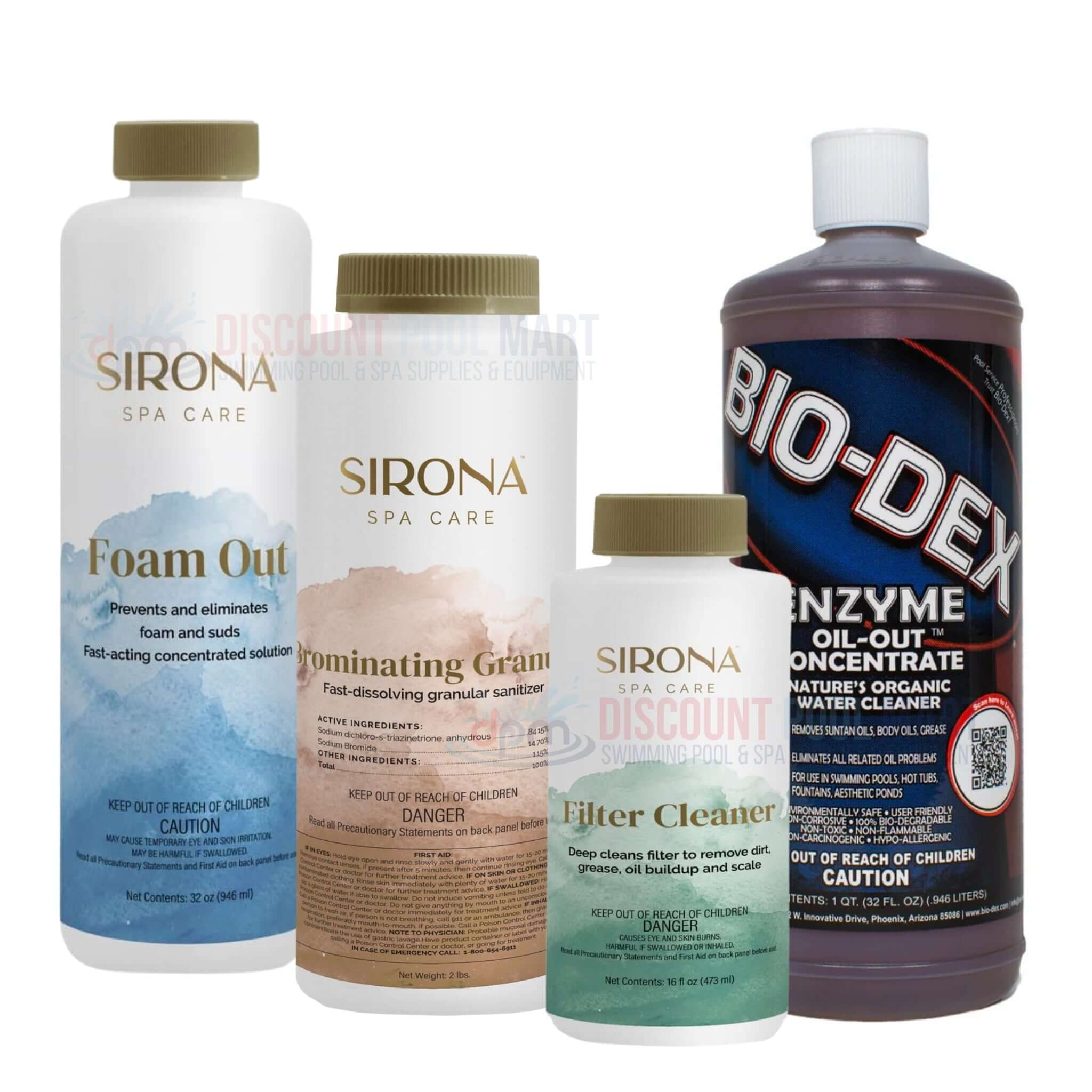 Spa chemicals and fragrances from Sirona and Bio-Dex at Discount Pool Mart DPM for spa care and maintenance.