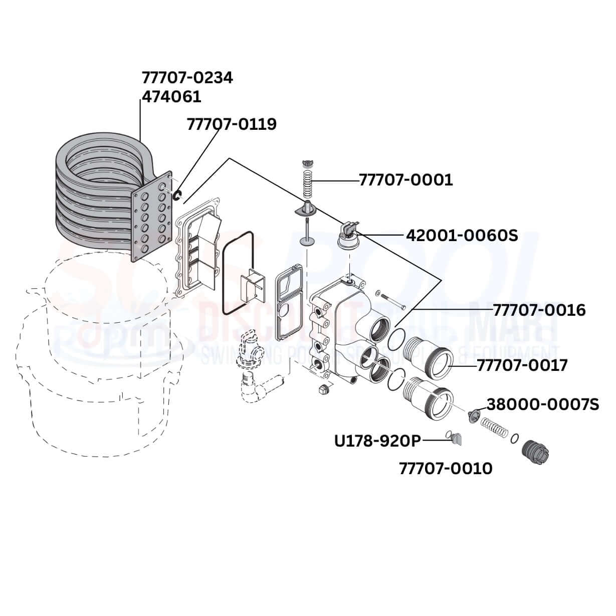 Sta-Rite Max-E-Therm SR400NA Heater replacement parts diagram by Discount Pool Mart DPM, featuring essential components.