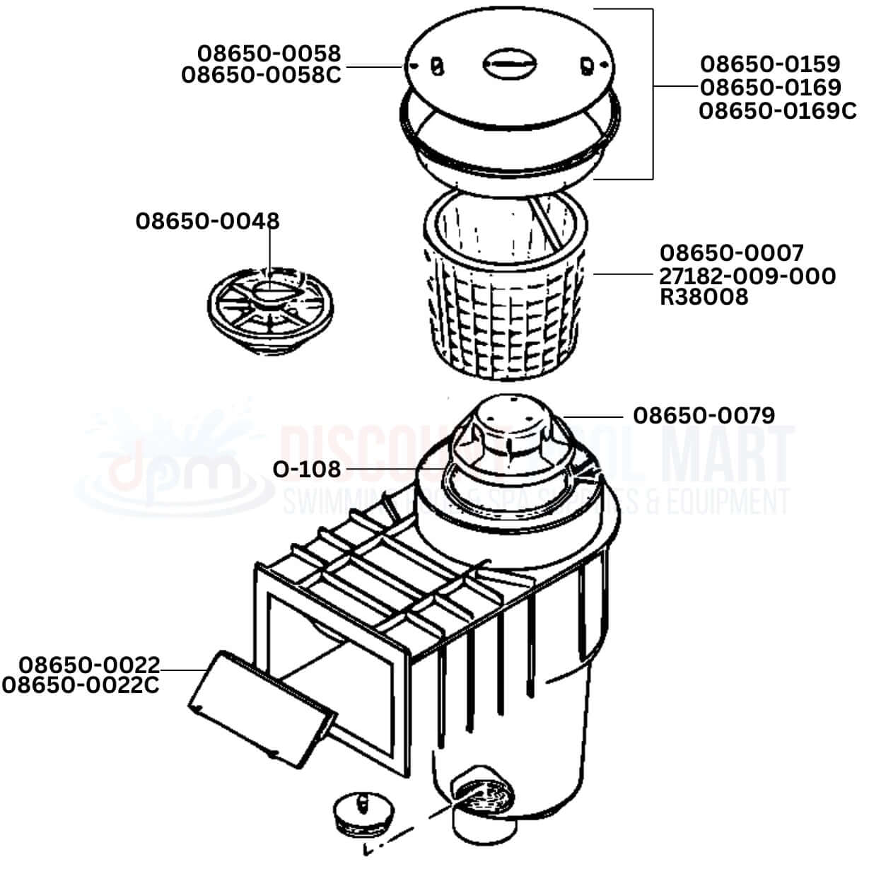 Diagram of Sta-Rite U-3 SwimQuip skimmer replacement parts from Discount Pool Mart DPM, showing baskets and lids.