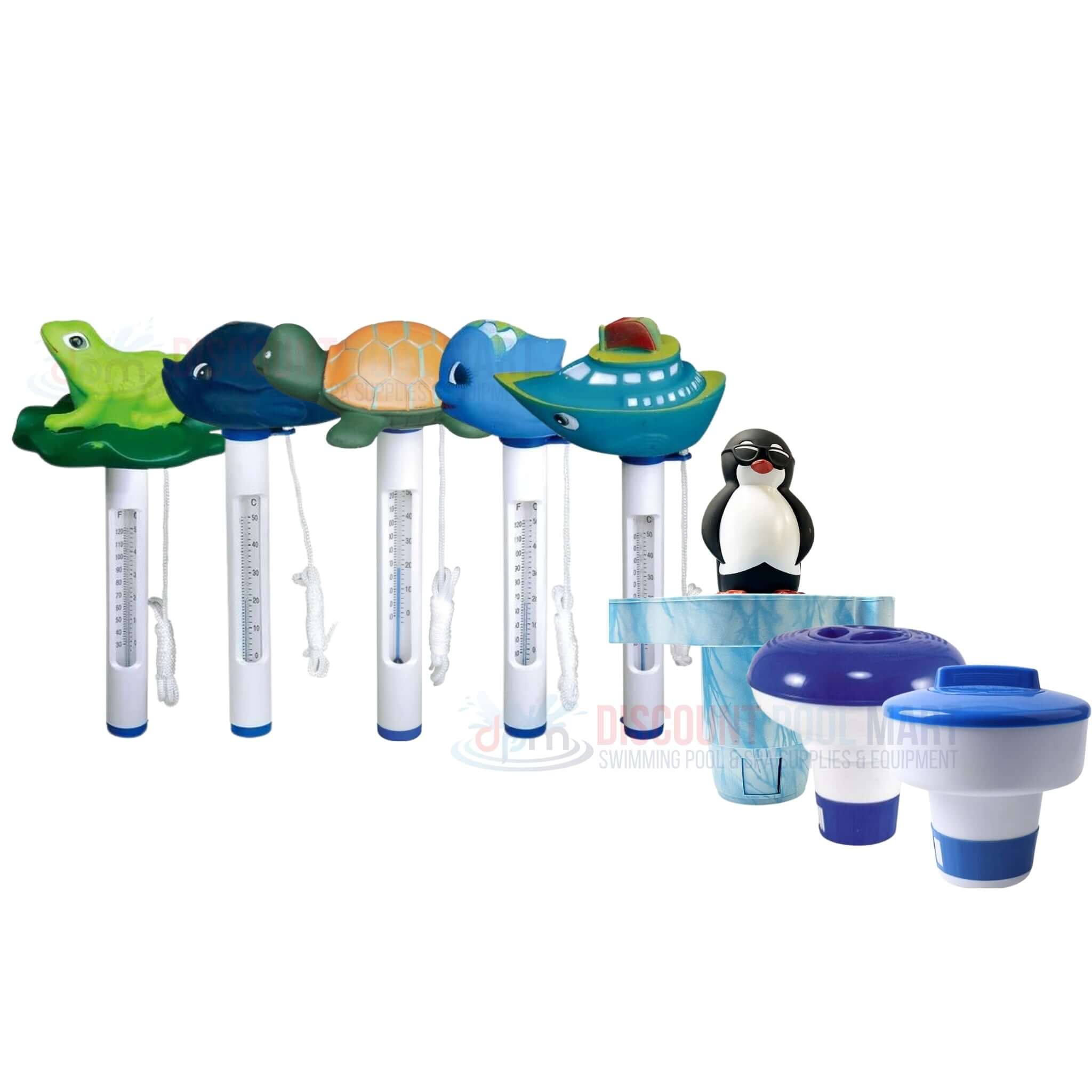 Colorful pool thermometers from Discount Pool Mart (DPM) featuring fun animal designs for kids' swimming pools.