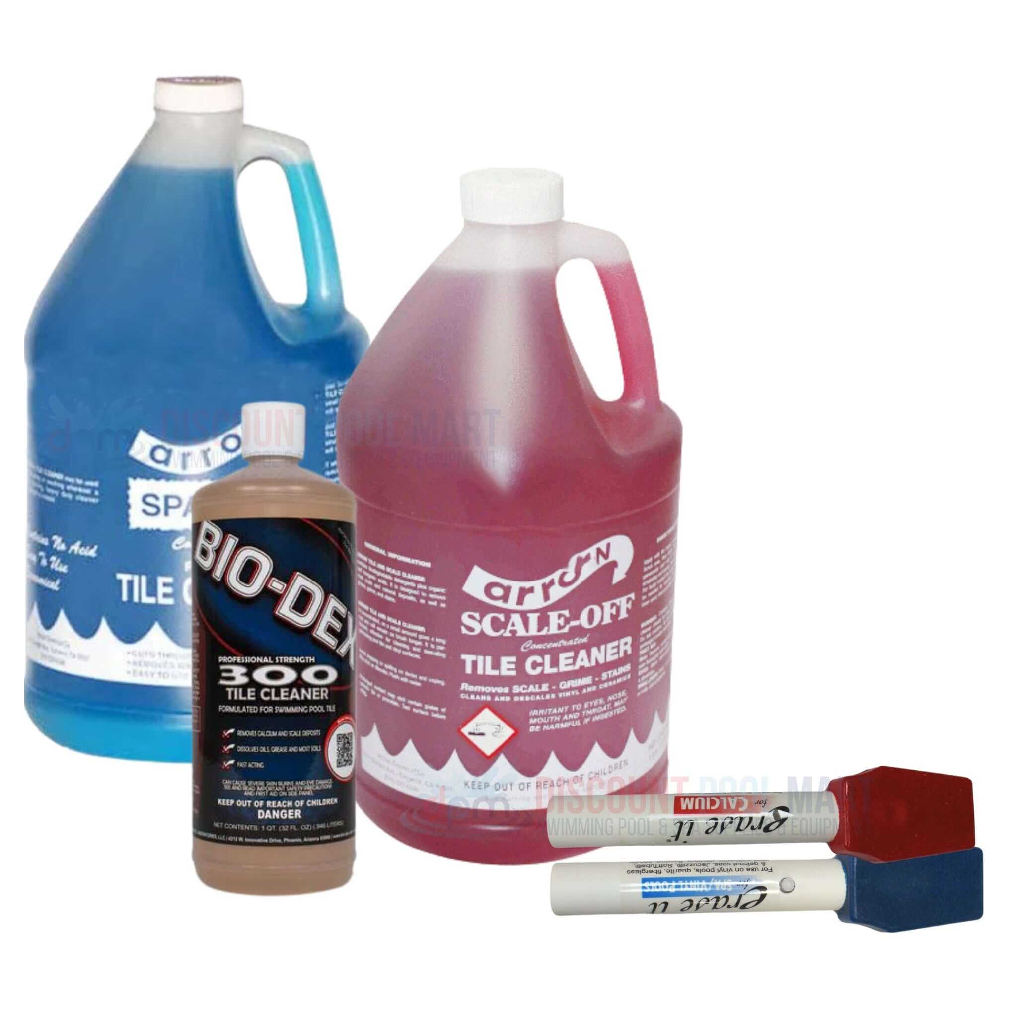 Tile cleaner collection featuring Scale-Off and Bio-Dex by Discount Pool Mart (DPM) for effective tile maintenance.