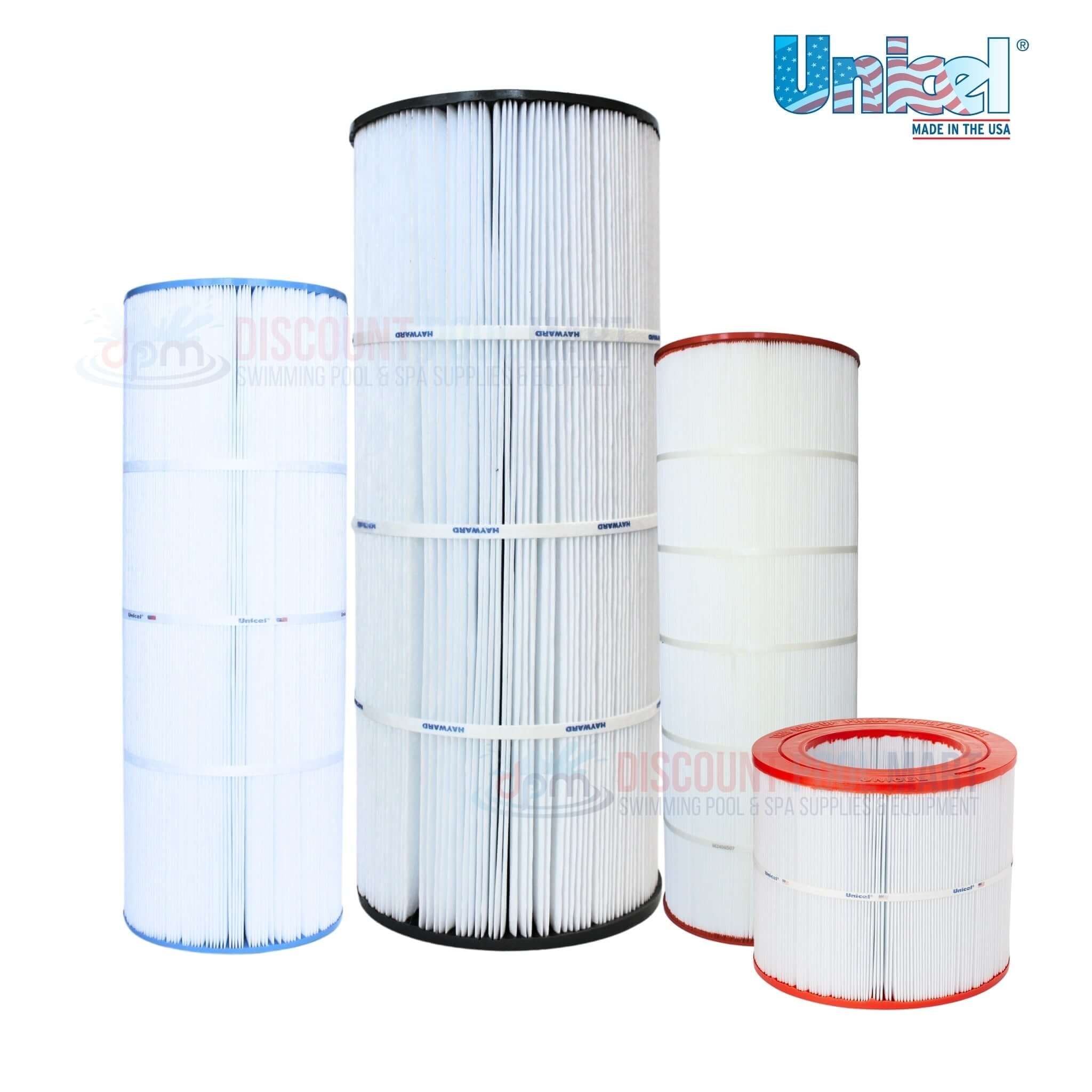 Unicel cartridges for swimming pools available at Discount Pool Mart (DPM), showcasing various sizes and styles.
