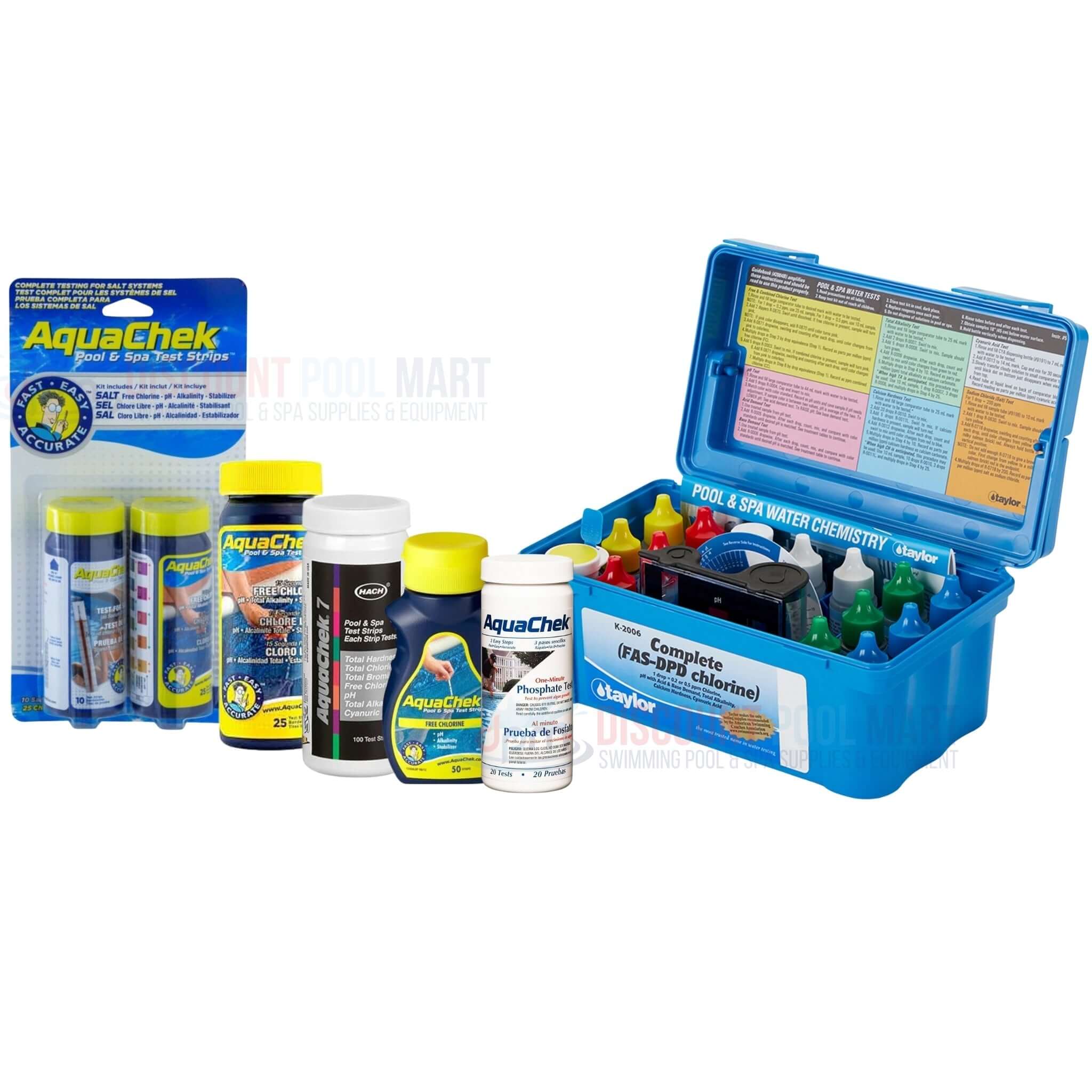 Water testing supplies from Discount Pool Mart DPM, including AquaChek pool test kits and water chemistry solutions.