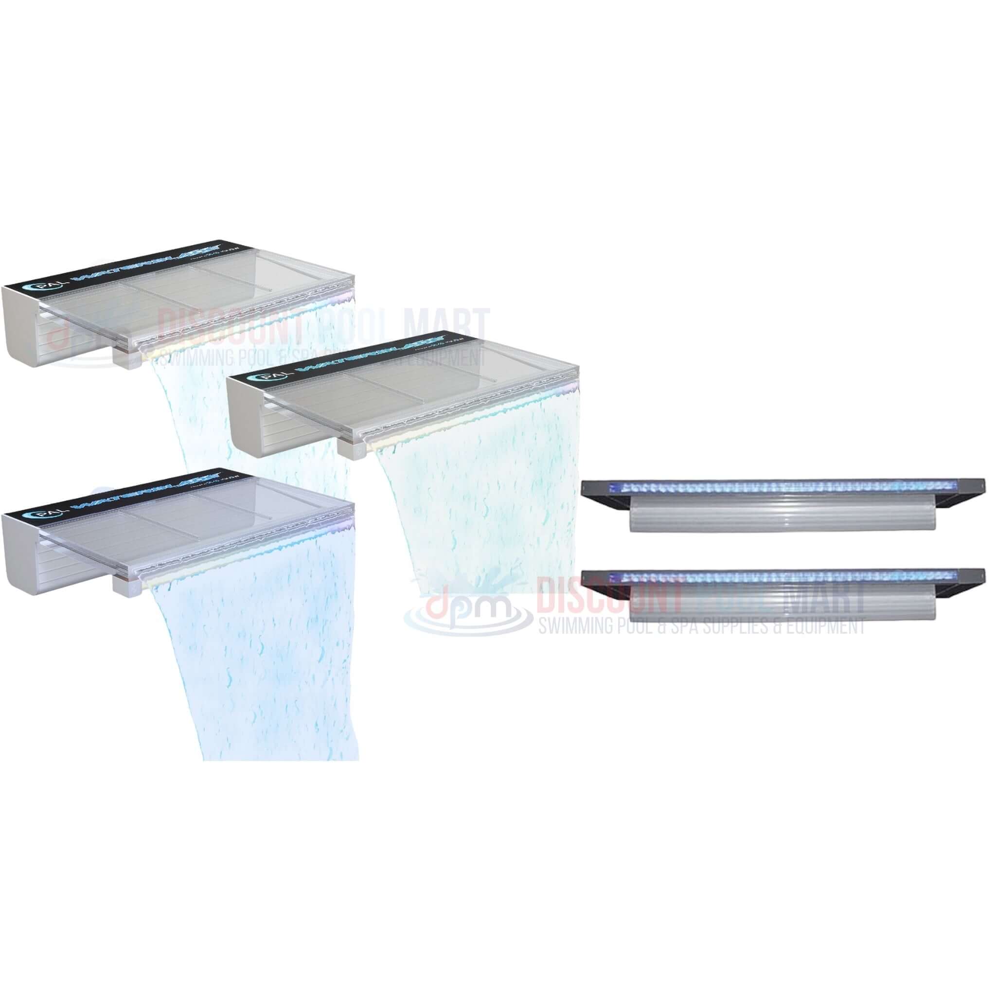 Waterfalls for pools from Discount Pool Mart (DPM), featuring LED lighting and quality design. Perfect for any swimming pool.