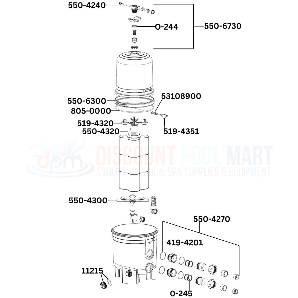 Waterway Crystal Water Cartridge Filter 570-0325-07 replacement parts diagram by Discount Pool Mart DPM, showing essential components.