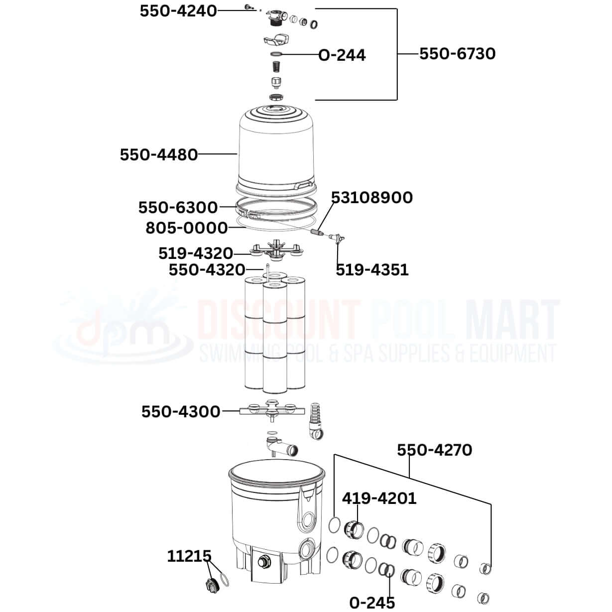 Waterway Crystal Water Cartridge Filter 570-0525-07 parts diagram including valves, O-rings, and clamps from Discount Pool Mart DPM.