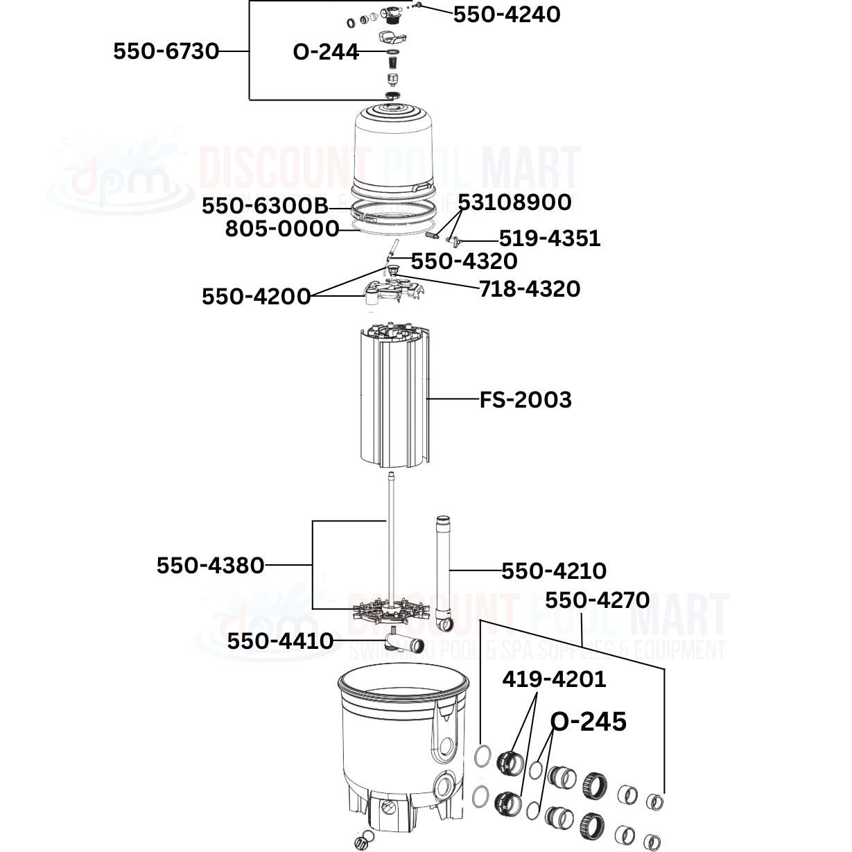 Waterway Crystal Water D.E. Filter 570-0036-07 parts diagram from Discount Pool Mart DPM for optimal pool filtration.