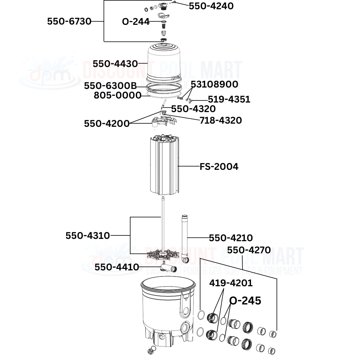 Waterway Crystal Water DE Filter 570-0048-07 replacement parts diagram from Discount Pool Mart DPM showing key components.