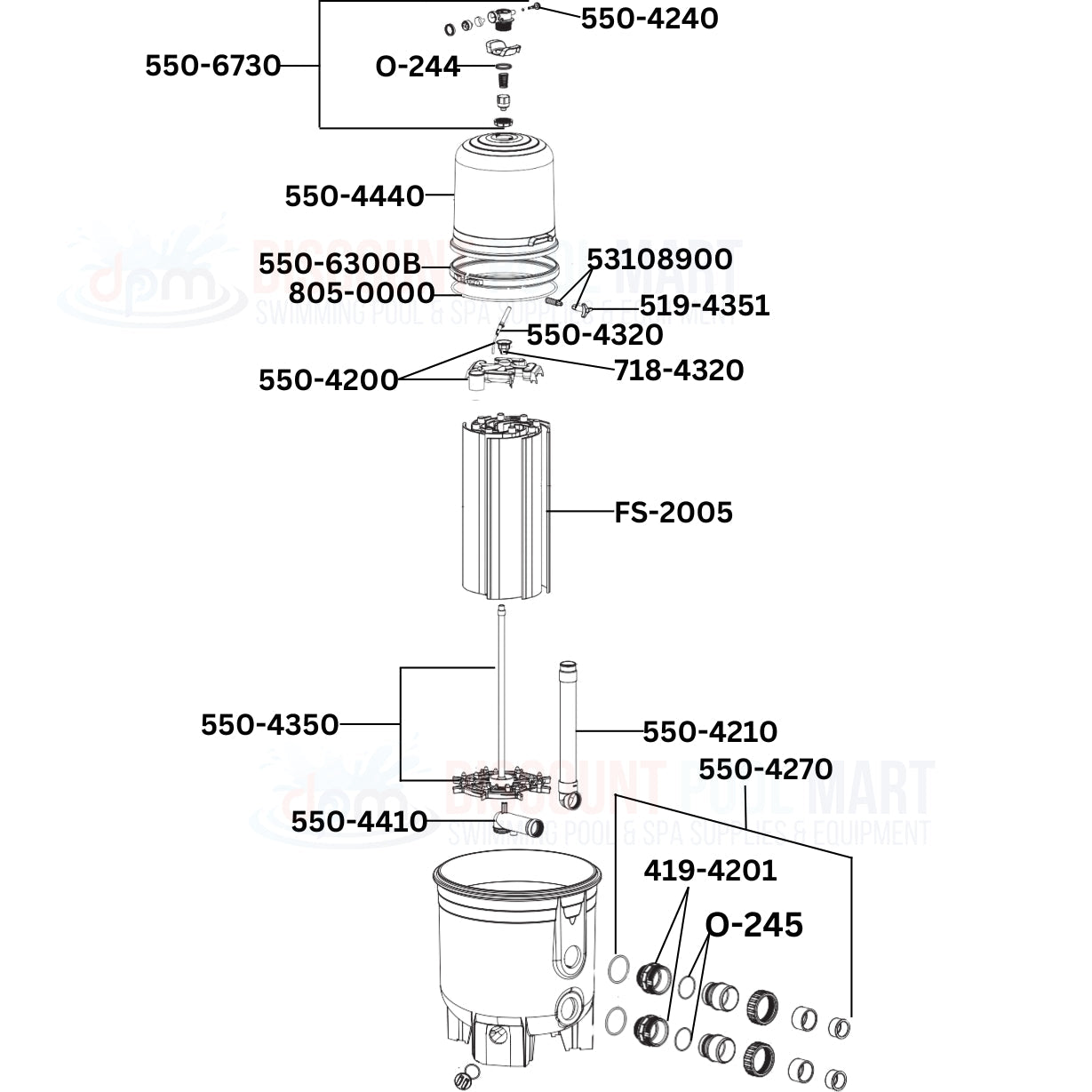 Waterway Crystal Water DE Filter 570-0060-07 replacement parts diagram. Discount Pool Mart DPM, essential pool filtration components.