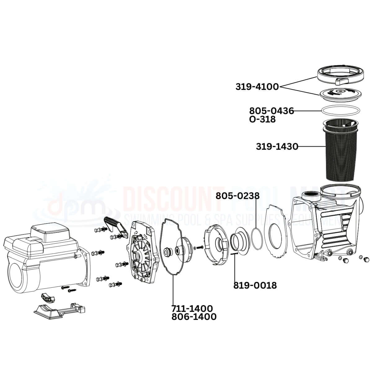 Waterway Mustang Variable Speed Pump replacement parts diagram with labels for DPM, ideal for pool maintenance.