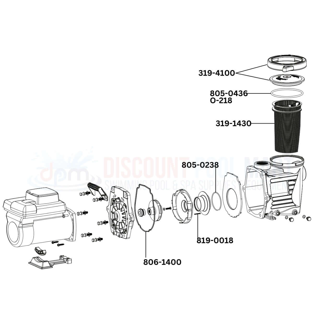 Waterway Power Defender Pump replacement parts diagram from Discount Pool Mart DPM, showing essential components and codes.